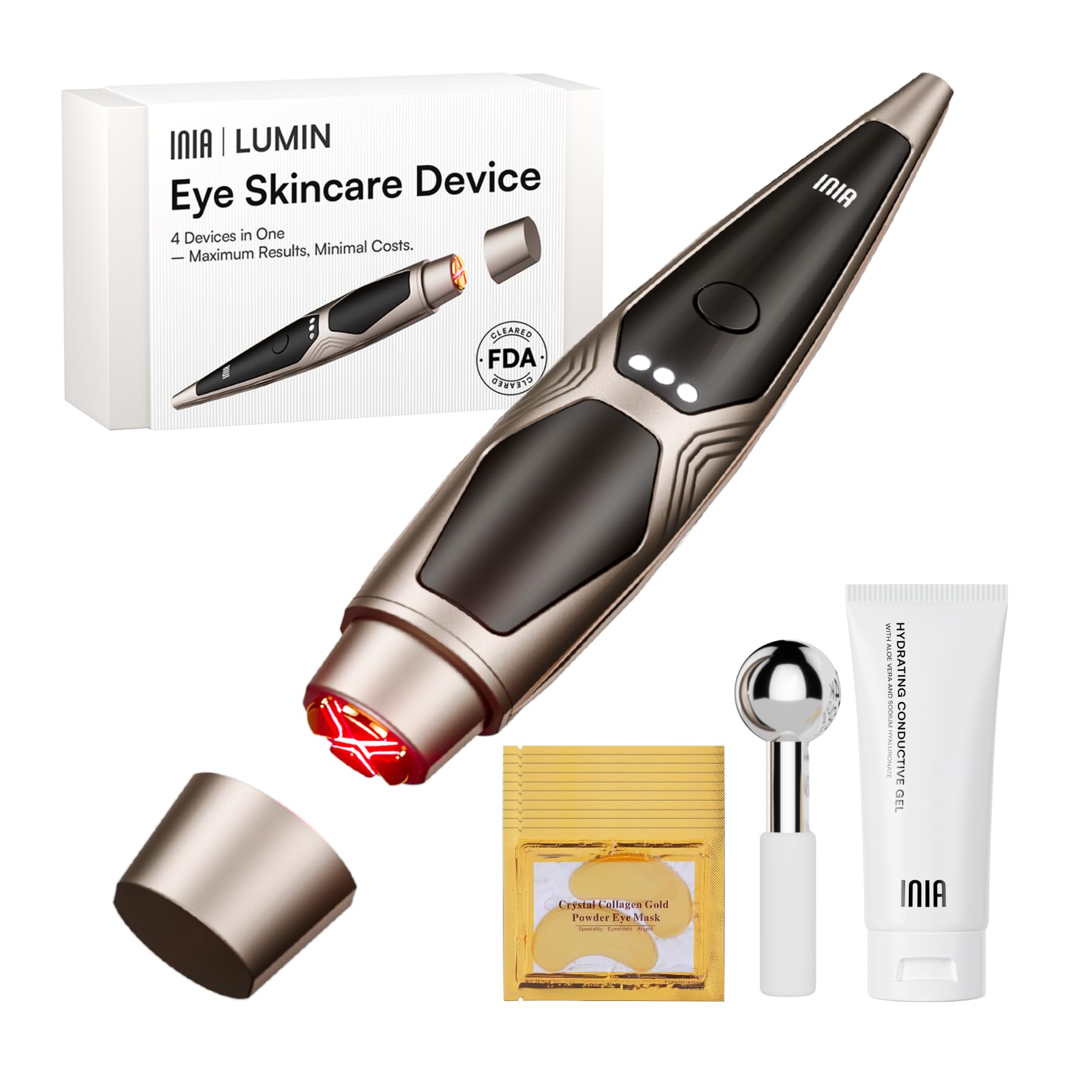 INIA 4-in-1 Eye Massager with red light for revitalized under-eye area