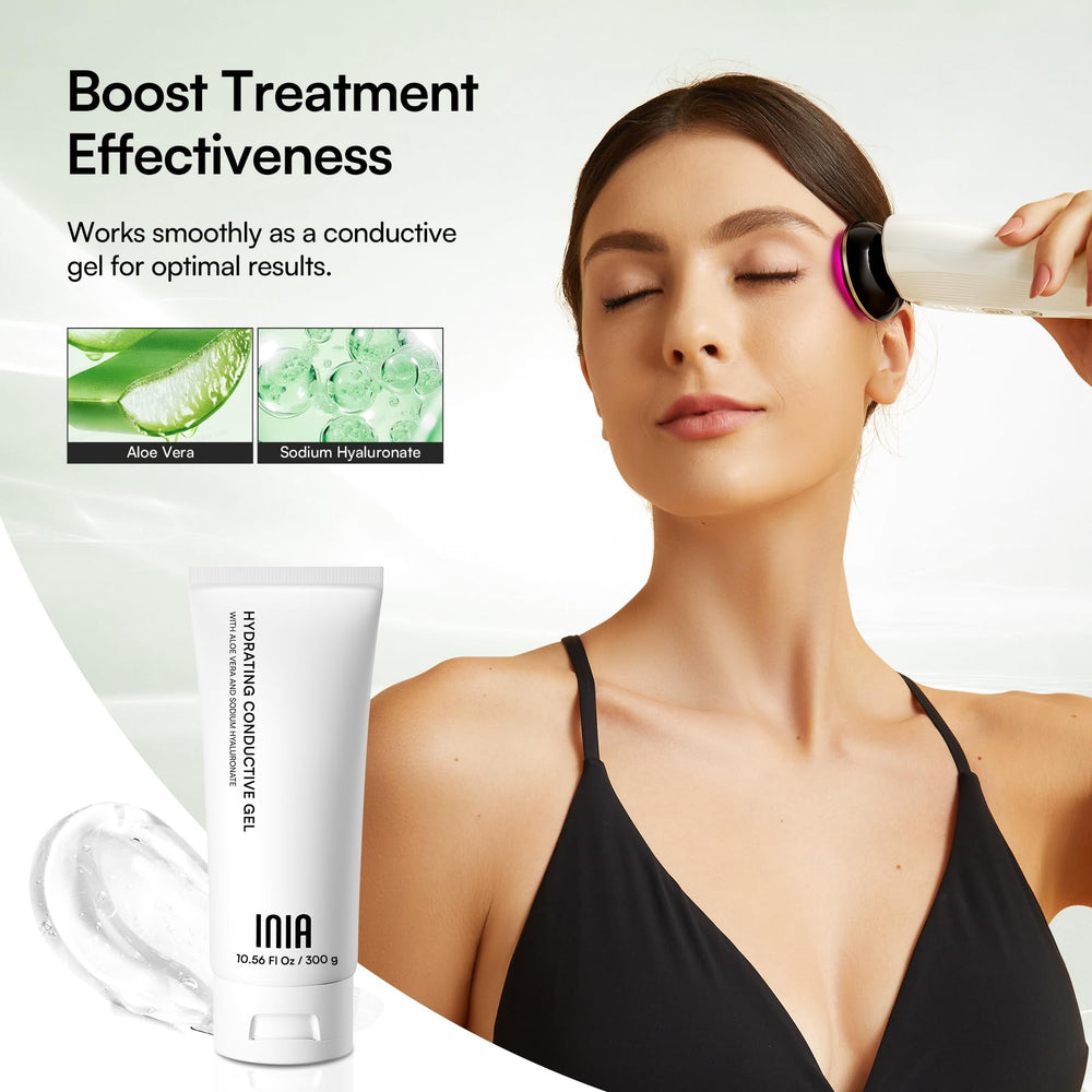 INIA Flare Tighten mode close-up illustrating firmer-looking skin and smoother texture.