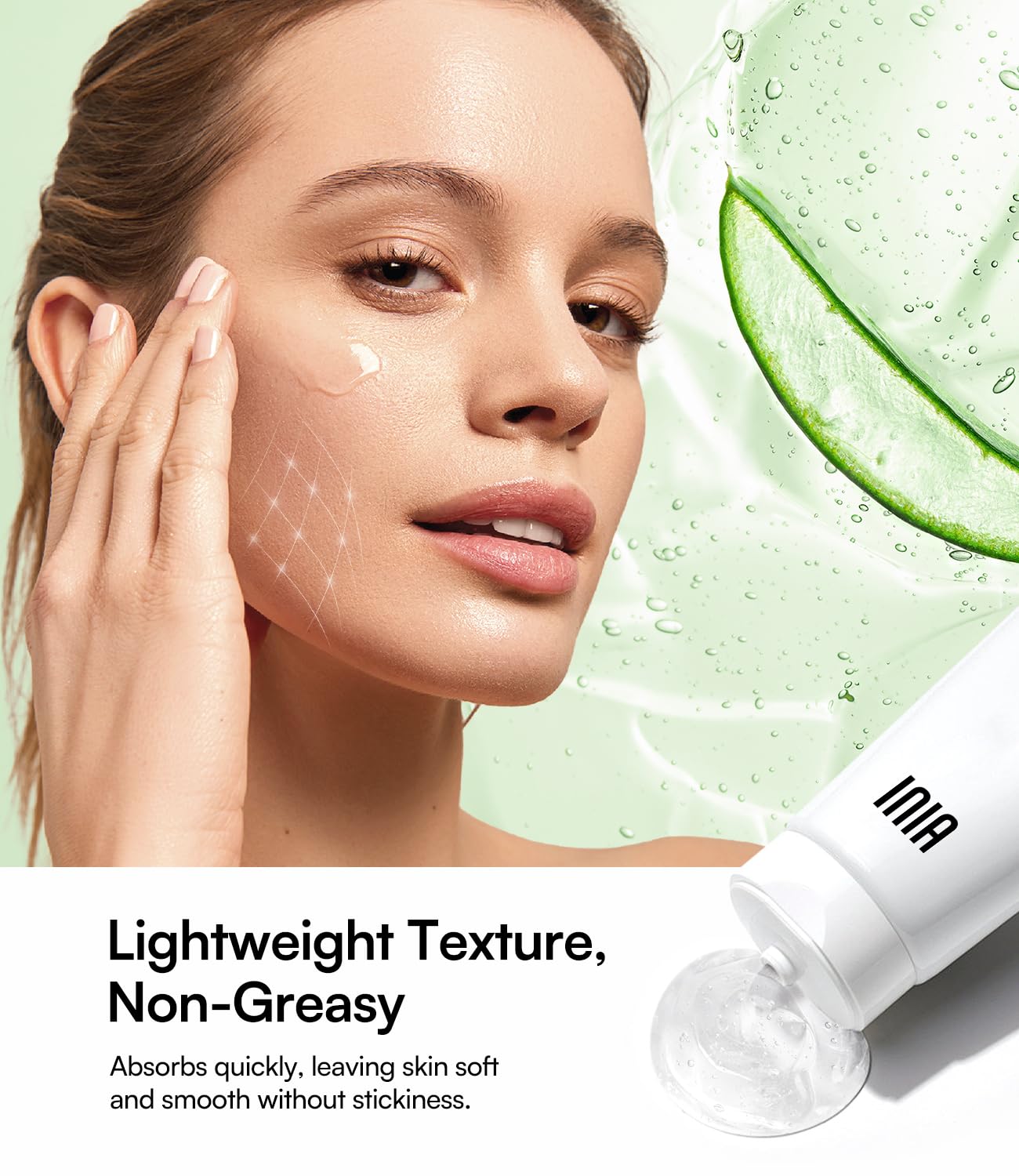 INIA lightweight non-greasy gel texture on skin after application.