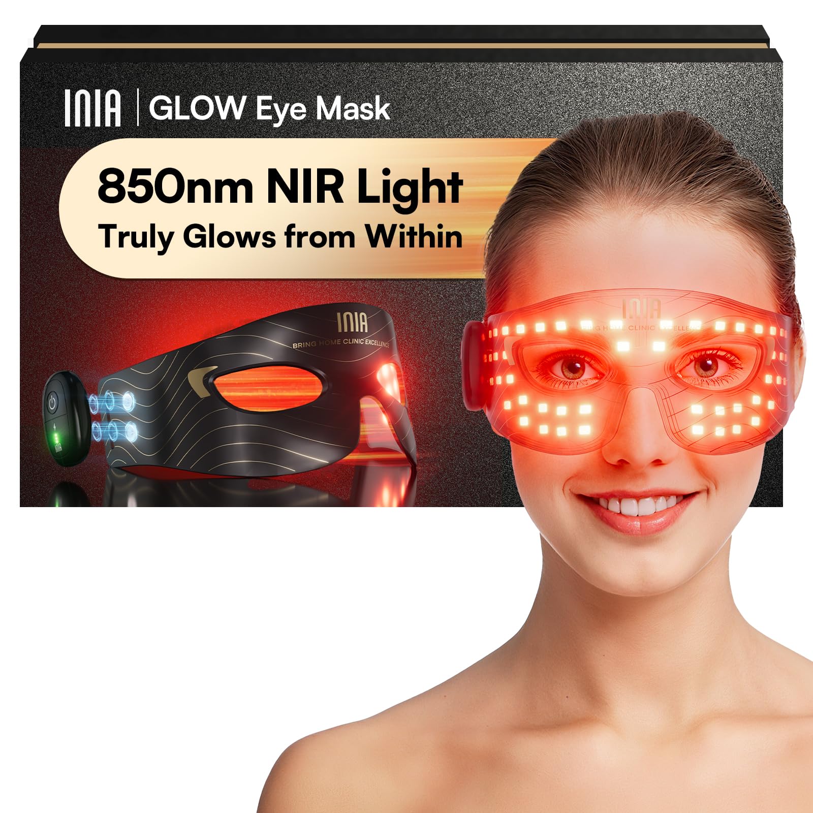 INIA red light eye mask targeting the under-eye area for rejuvenation.