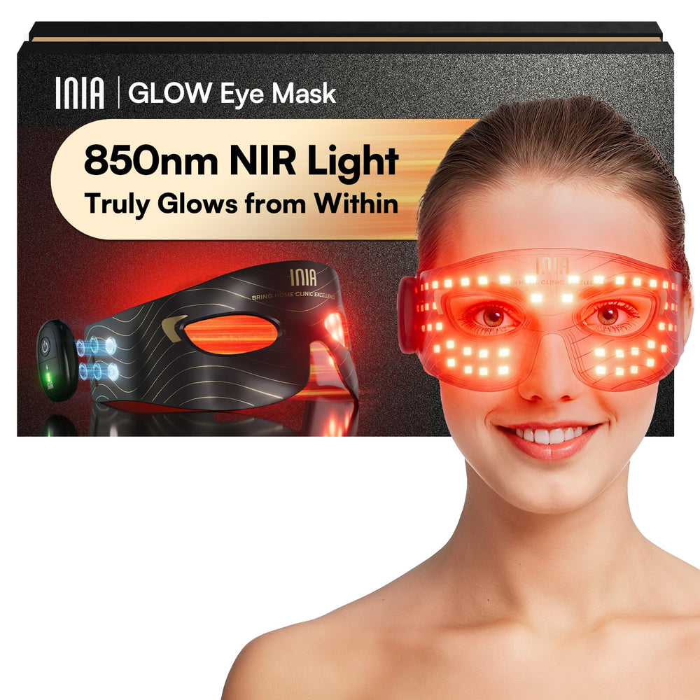 INIA red light eye mask targeting the under-eye area for rejuvenation.