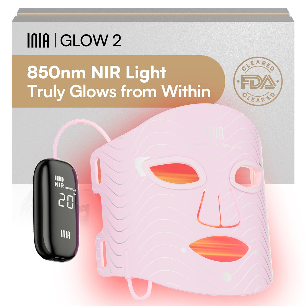 INIA Red Light Mask worn on the face for at-home skincare sessions.