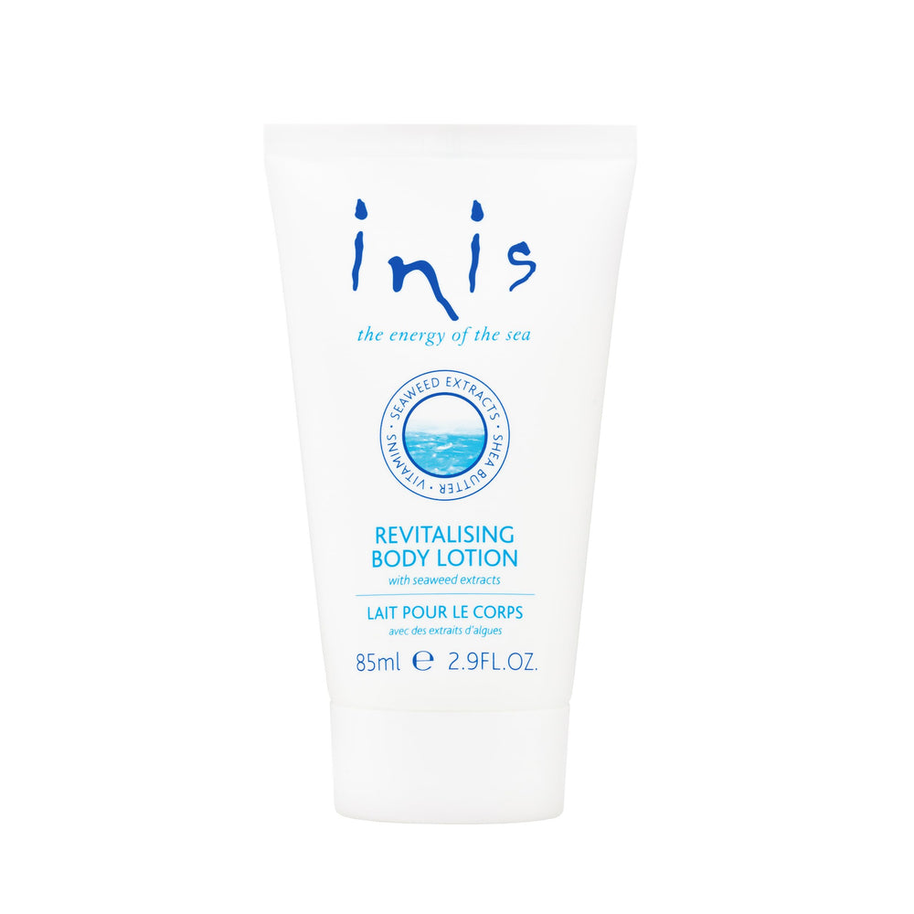 Loción corporal Inis, envase de viaje, hidratación ligera para la piel.