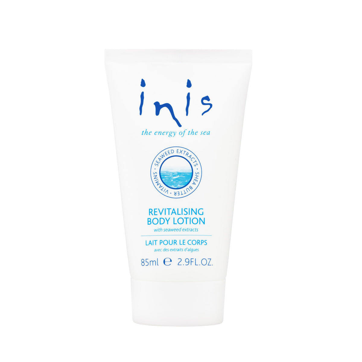 Loción corporal Inis, envase de viaje, hidratación ligera para la piel.