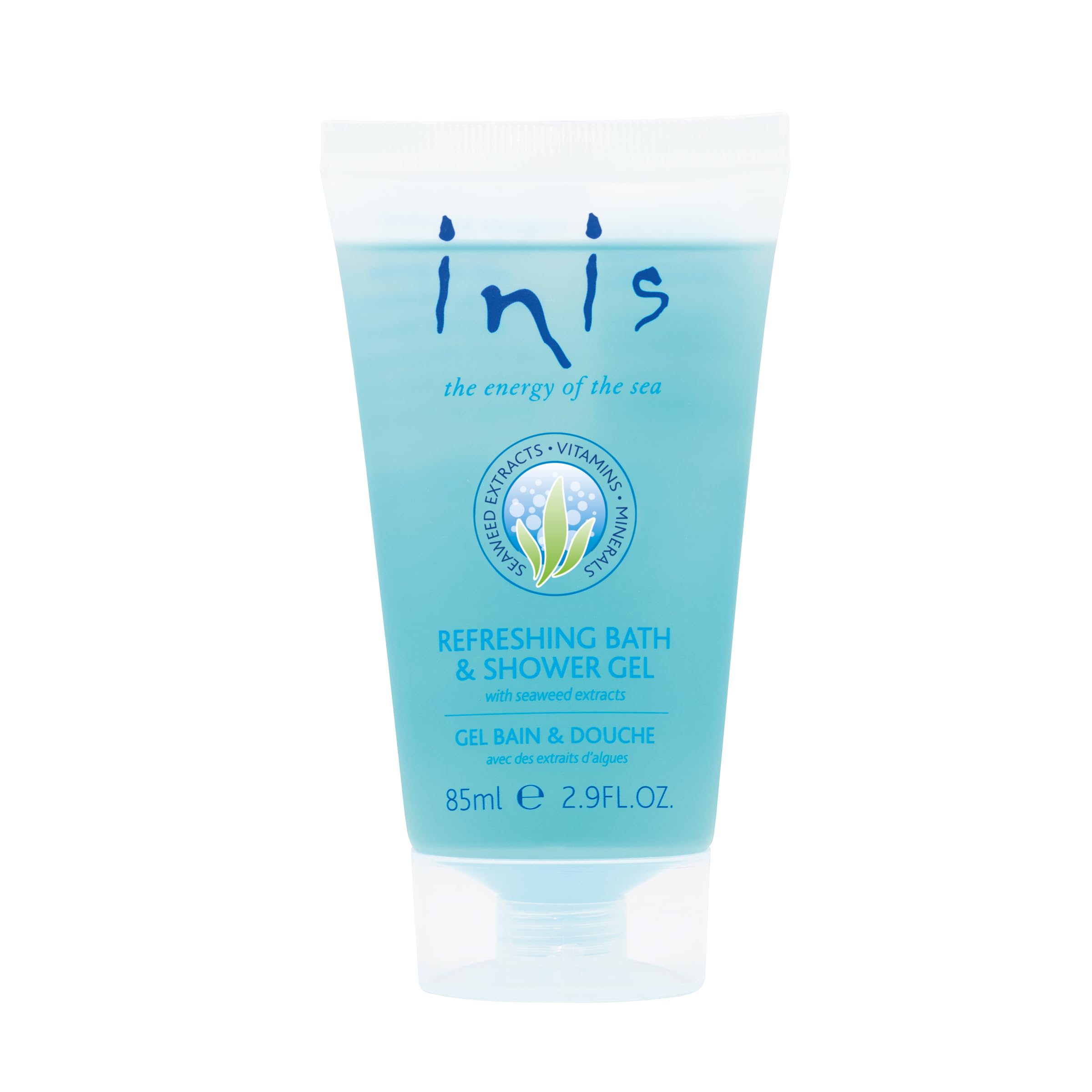 Inis Energy of the Sea bath gel bottle close-up for travel-friendly cleansing.