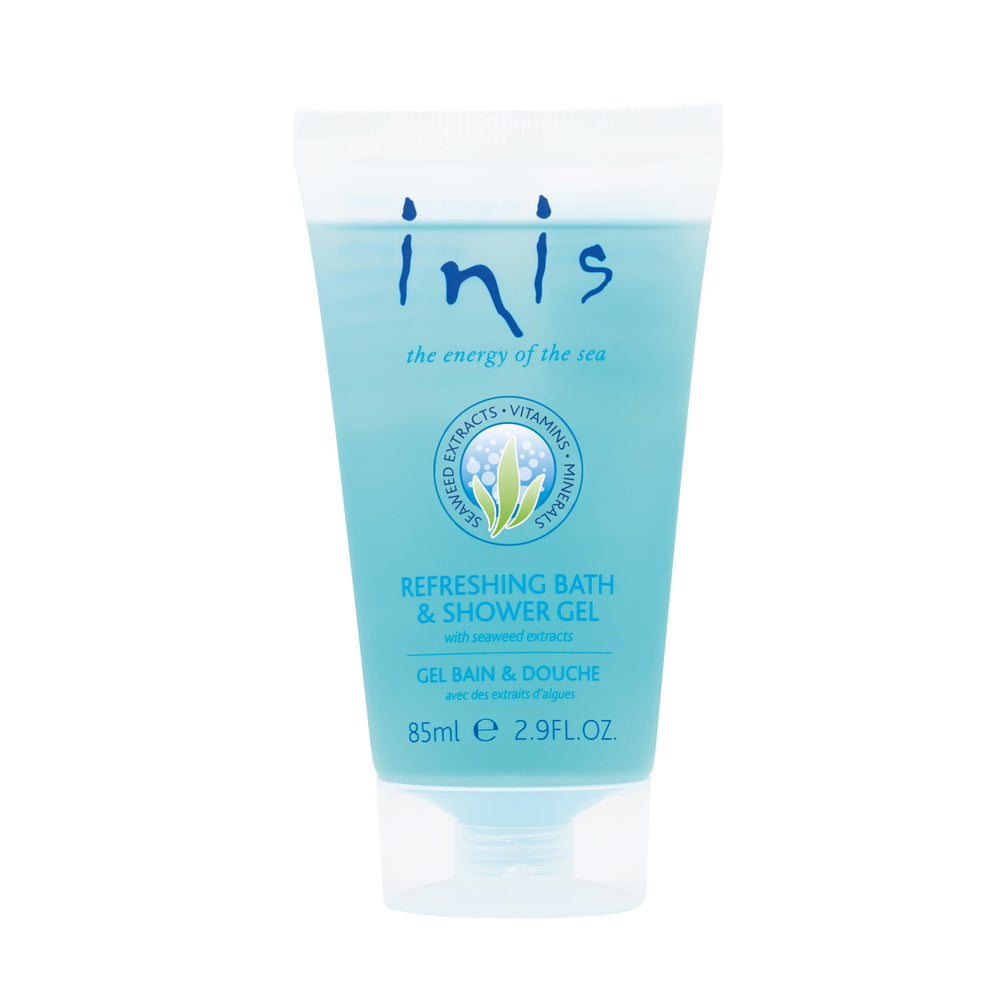 Inis Energy of the Sea bath gel bottle close-up for travel-friendly cleansing.
