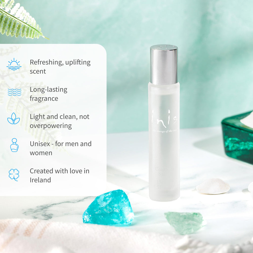 Inis the Energy of the Sea cologne bottle texture pebble, premium coastal feel.