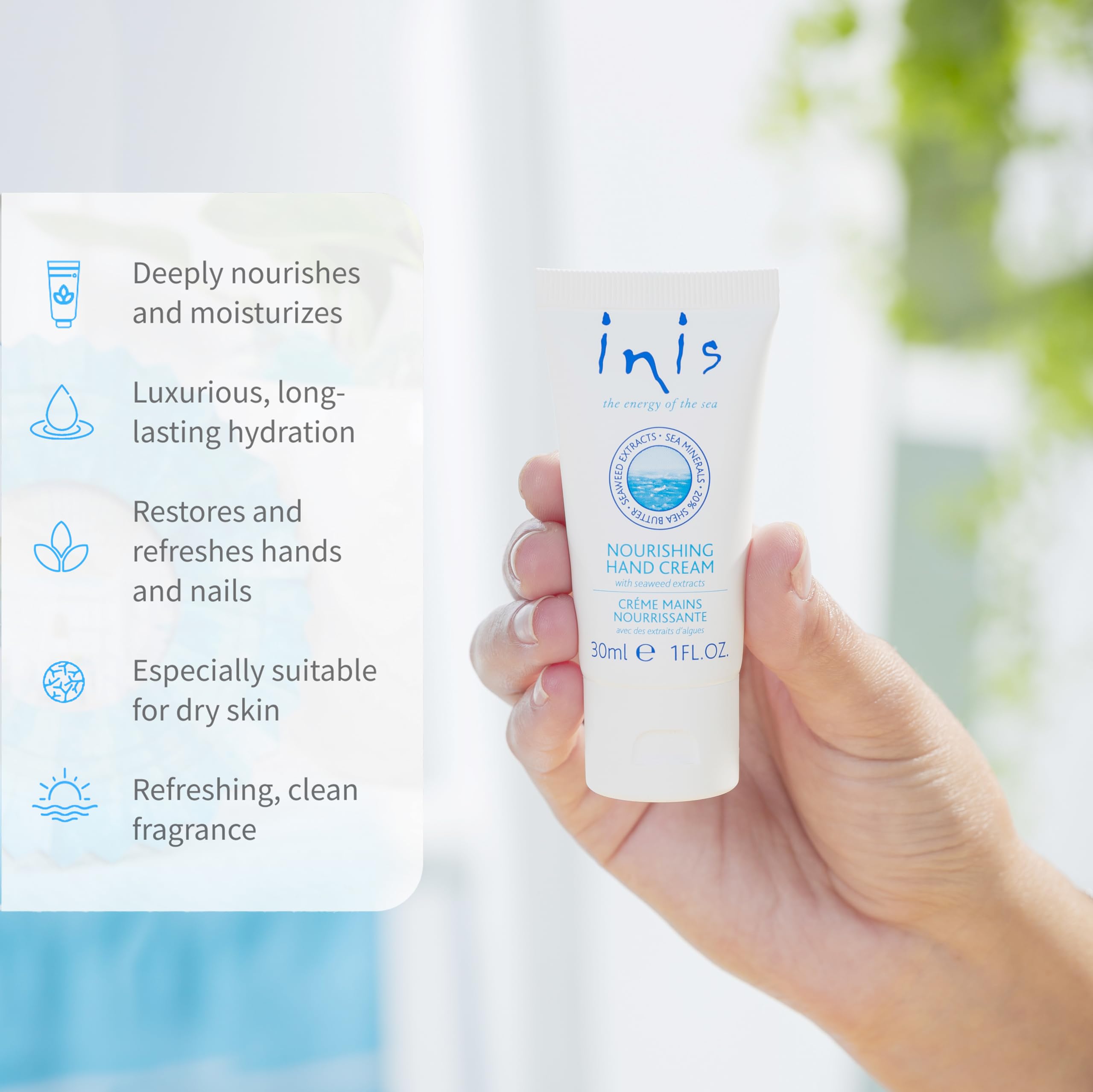 Inis the Energy of the Sea hand cream with shea butter and argan oil nourishes skin’s softness.