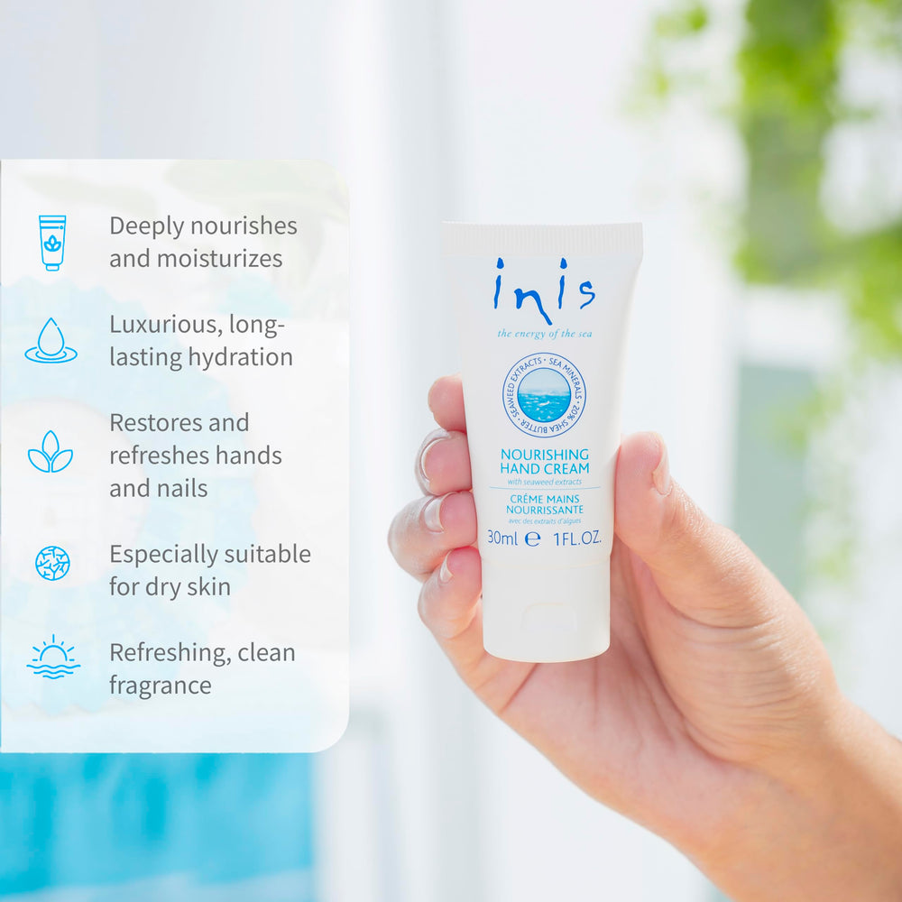 Inis the Energy of the Sea hand cream with shea butter and argan oil nourishes skin’s softness.