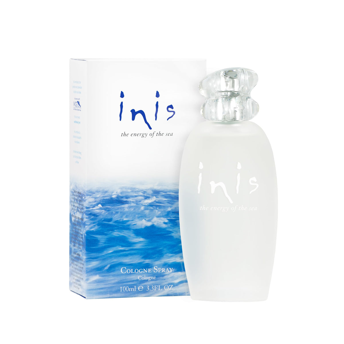 Inis Energy of the Sea bottle closeup with frosted pebble design for a coastal mood.