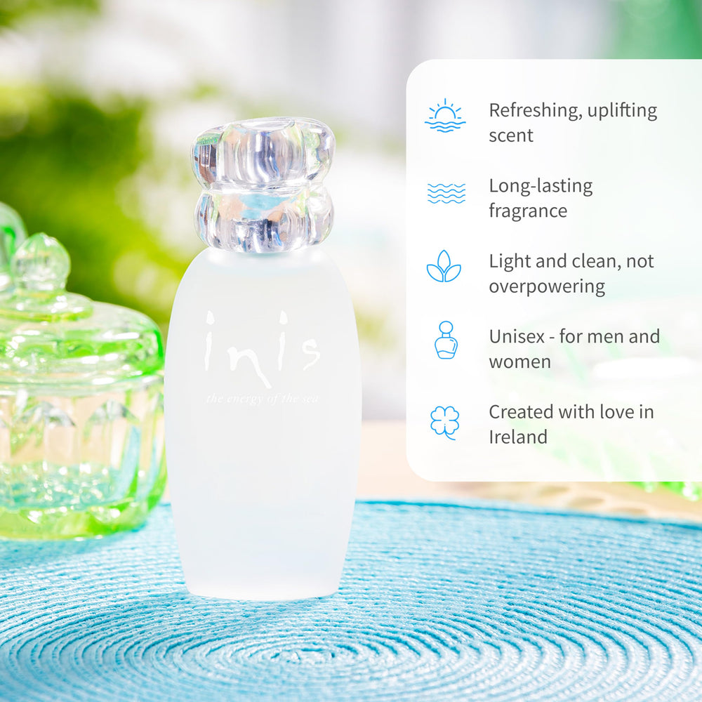 Inis Energy of the Sea frosted bottle emphasizes sea-glass aesthetics for daily freshness.