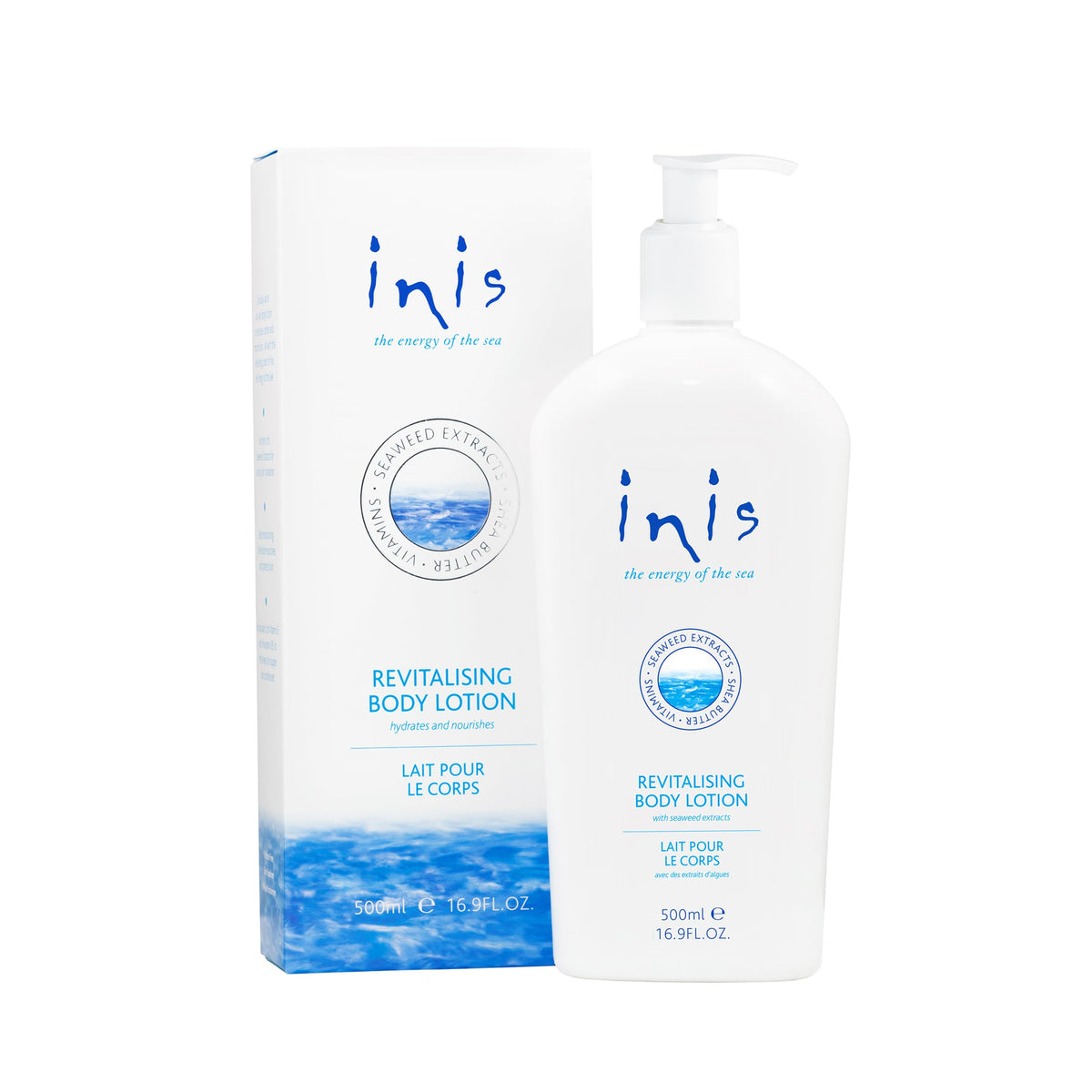 Inis Energy of the Sea lotion bottle showing ocean hydration and refreshing scent