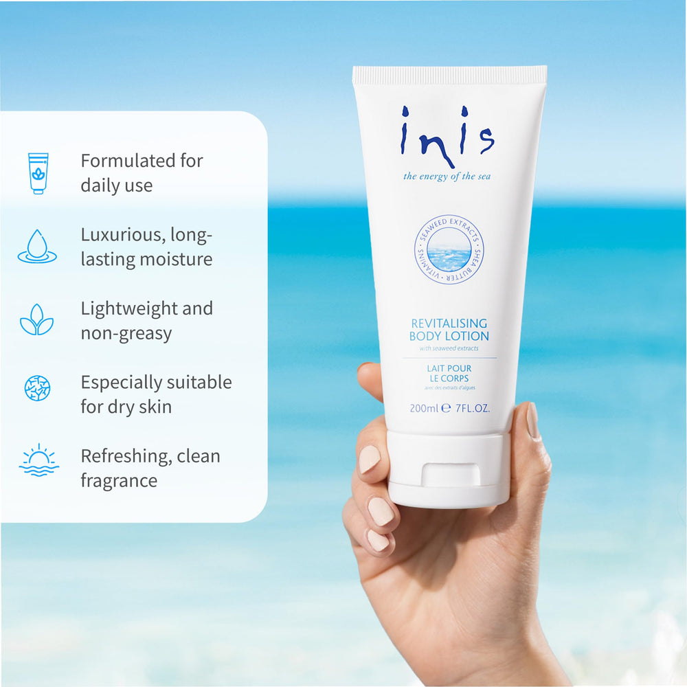 Vitamin E enriched formula in Inis lotion supports skin conditioning.