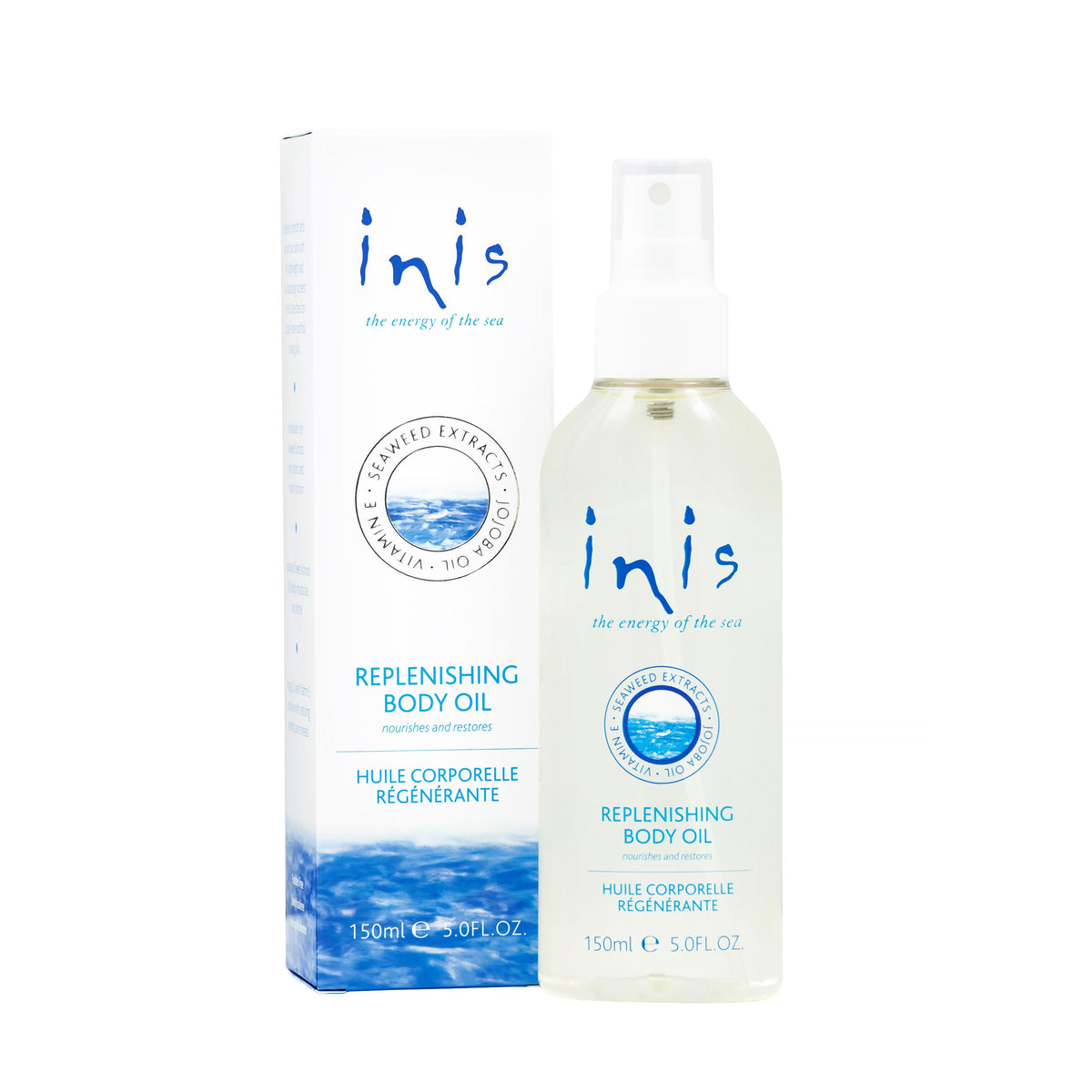 Inis the Energy of the Sea replenishing body oil bottle front delivers lightweight hydration.
