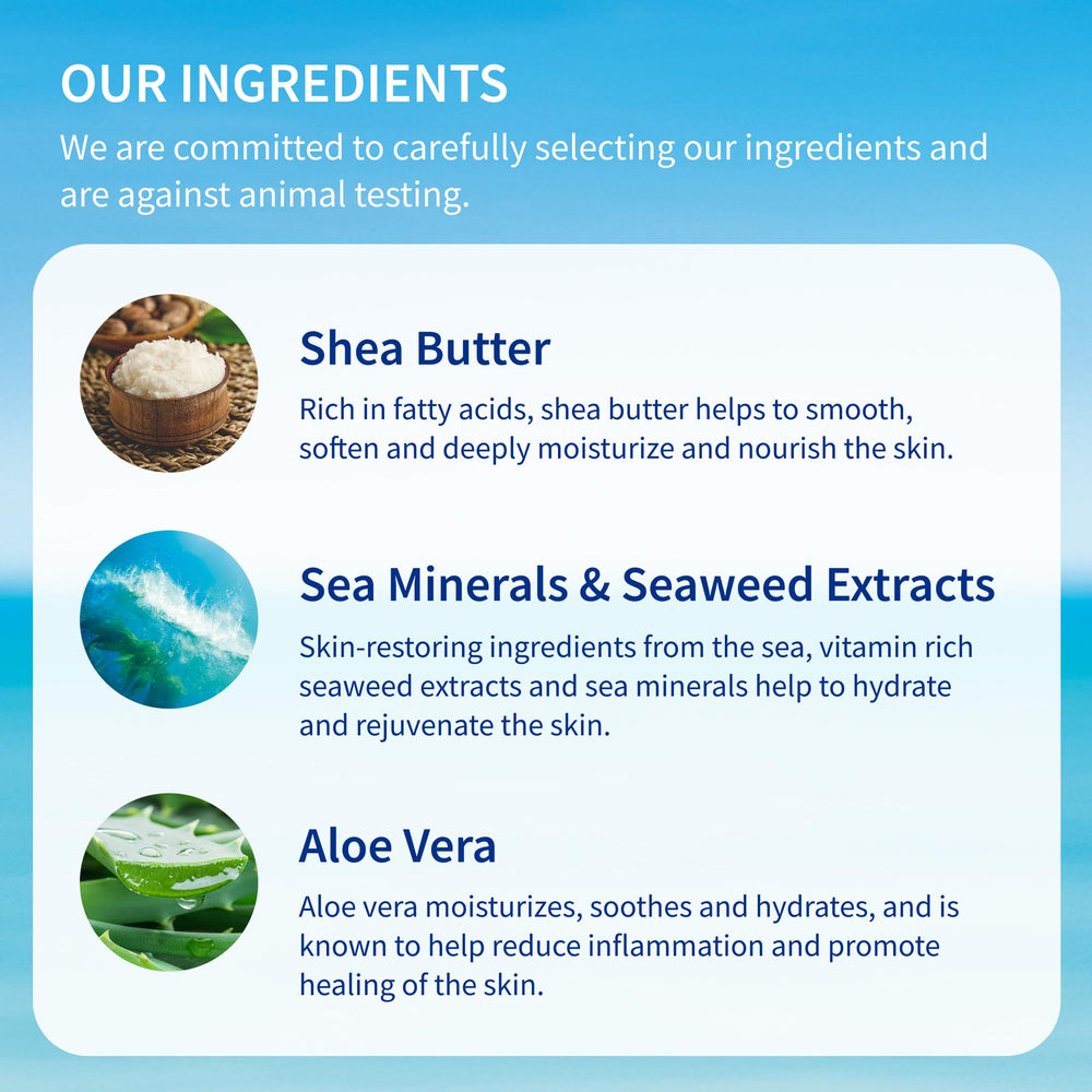 Sea-inspired care ritual evokes spa-like self-care moments.