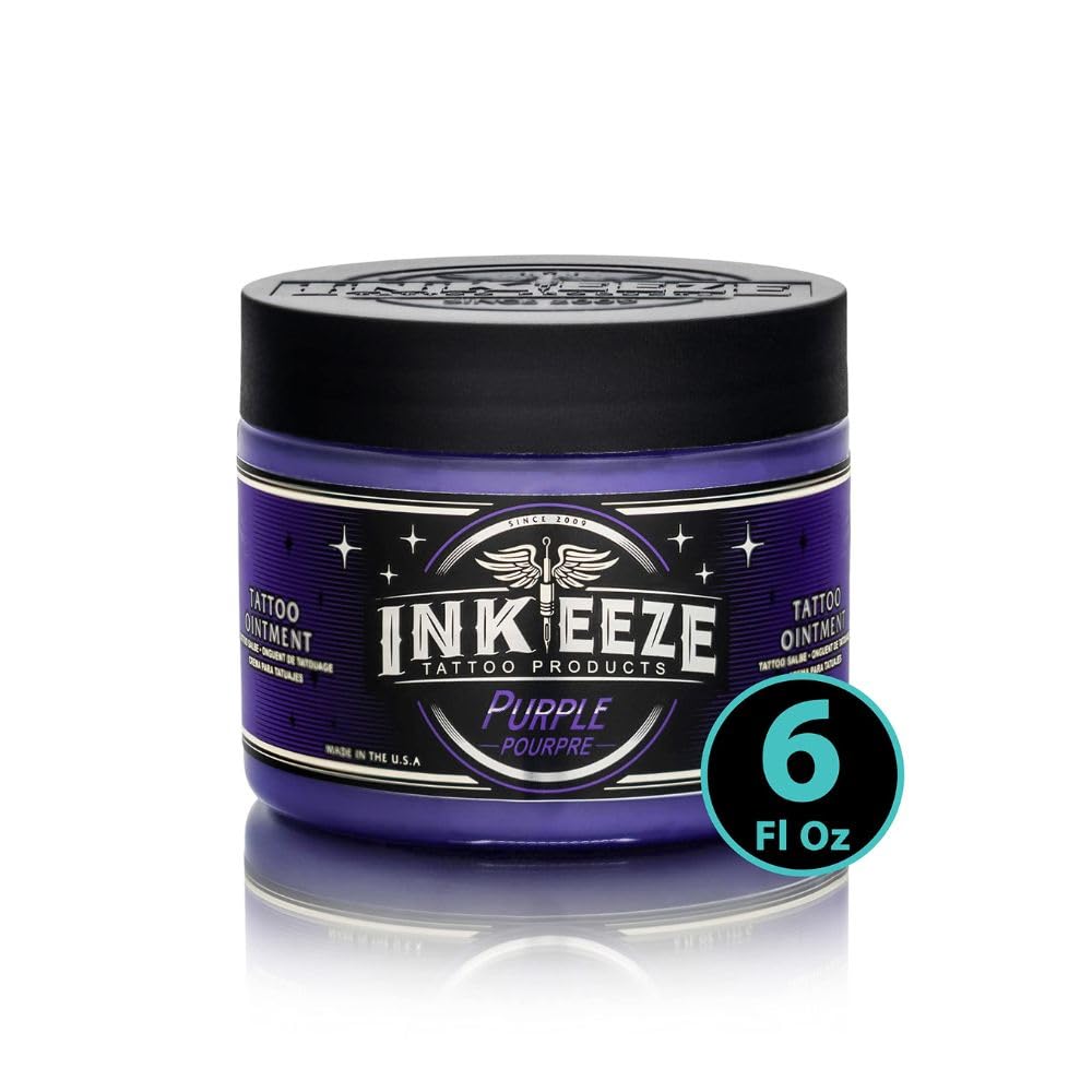 INK-EEZE Purple Tattoo Ointment 6oz jar ideal for post-tattoo healing with lavender scent.