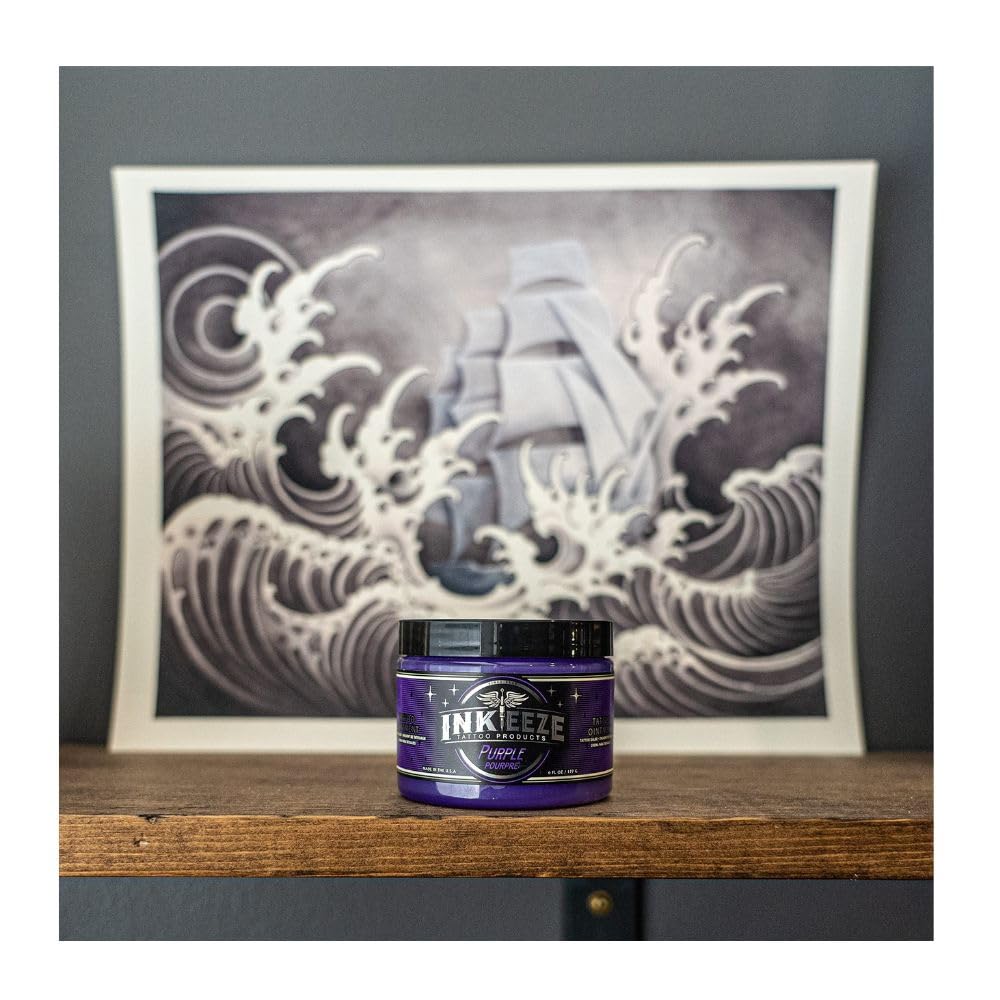 INK-EEZE Purple Tattoo Ointment lavender fragrance enhances soothing experience.