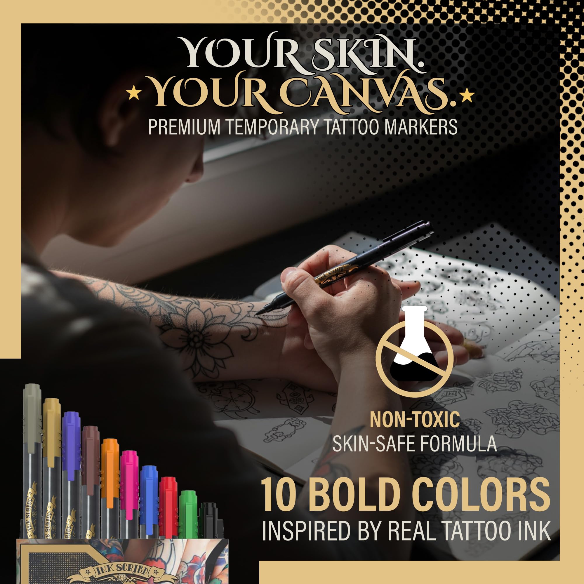 Ink Scribd paleta diez colores: tonos vivos para tatuajes temporales.