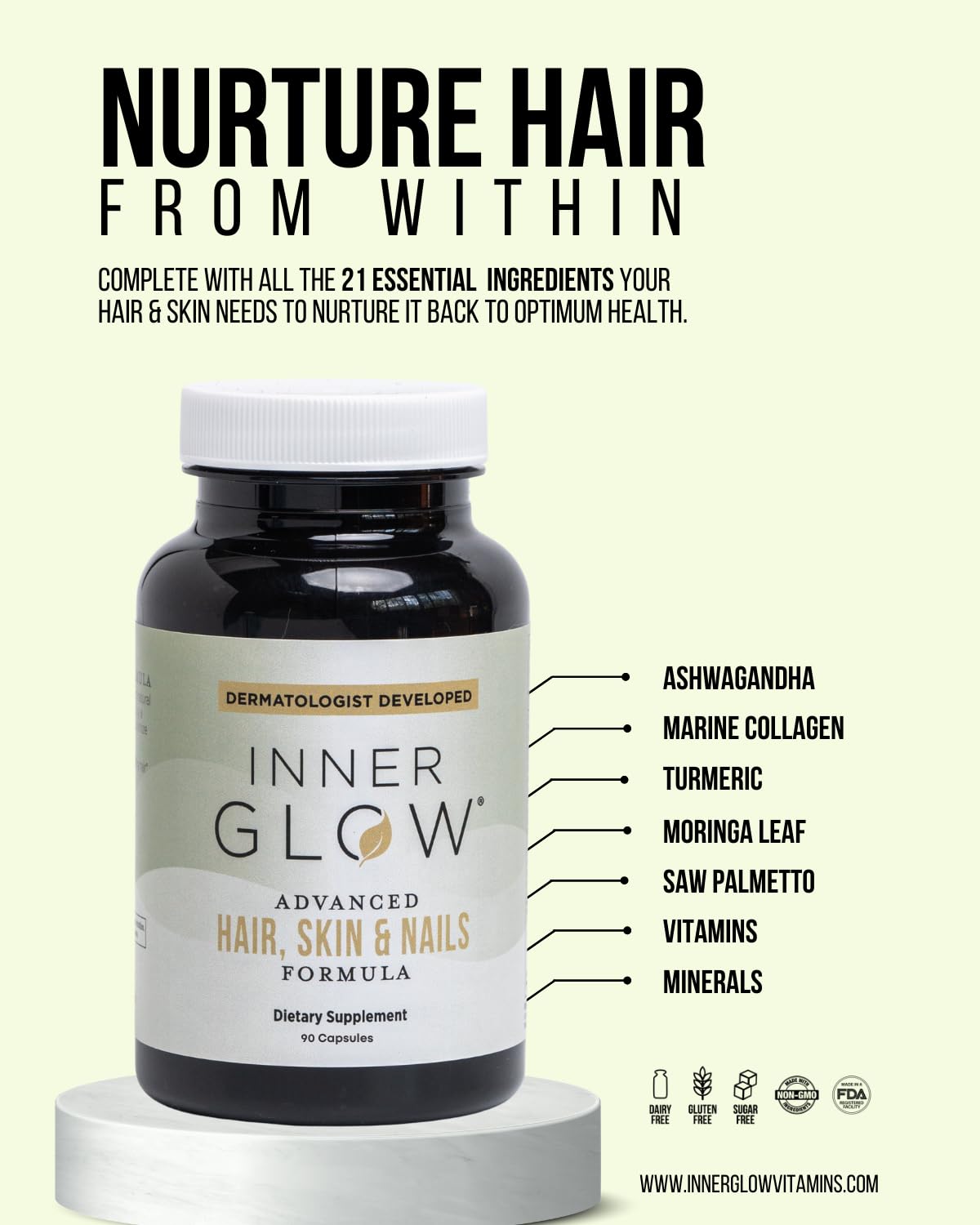 Inner Glow collagen peptides and biotin for hair strength and nail thickness.