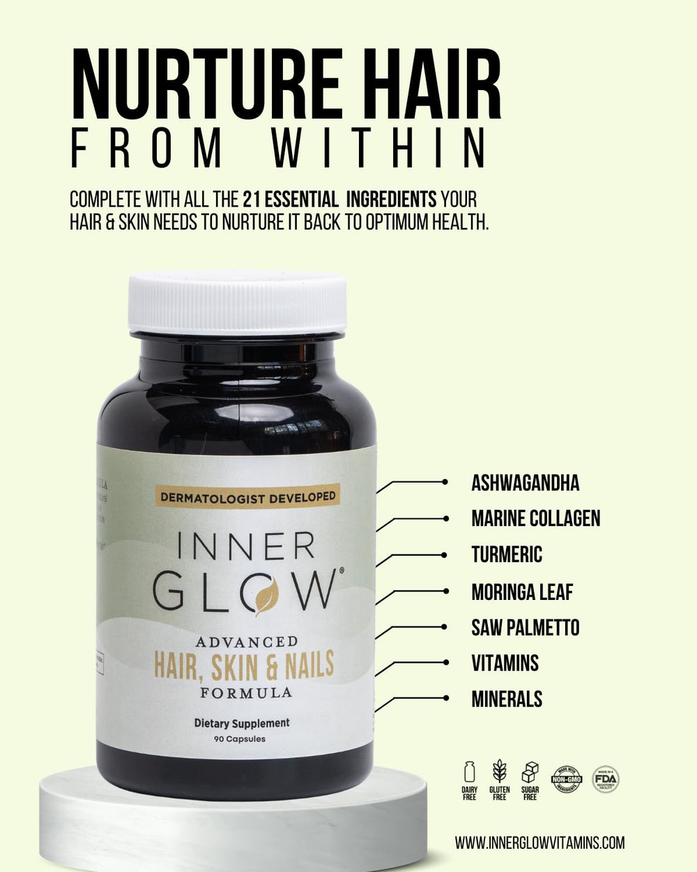 Inner Glow collagen peptides and biotin for hair strength and nail thickness.