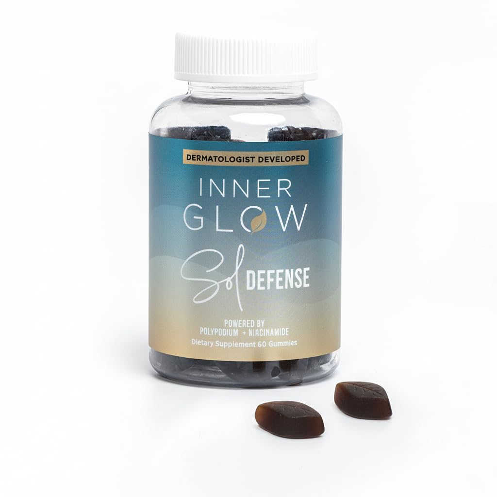 Inner Glow Sol Defense bottle close-up showing sugar-free daily skin resilience support.