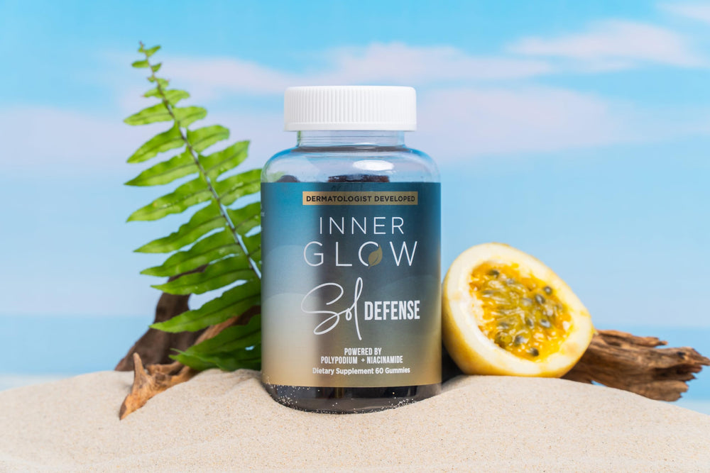Inner Glow Sol Defense gummies on a clean desk ready for daily ritual.