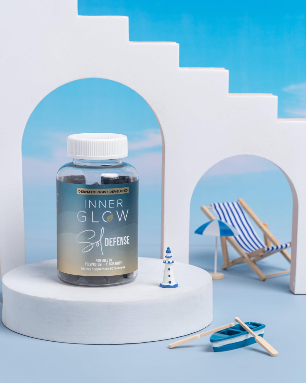 Inner Glow Sol Defense gummies outside their pack with glossy fruit appearance.