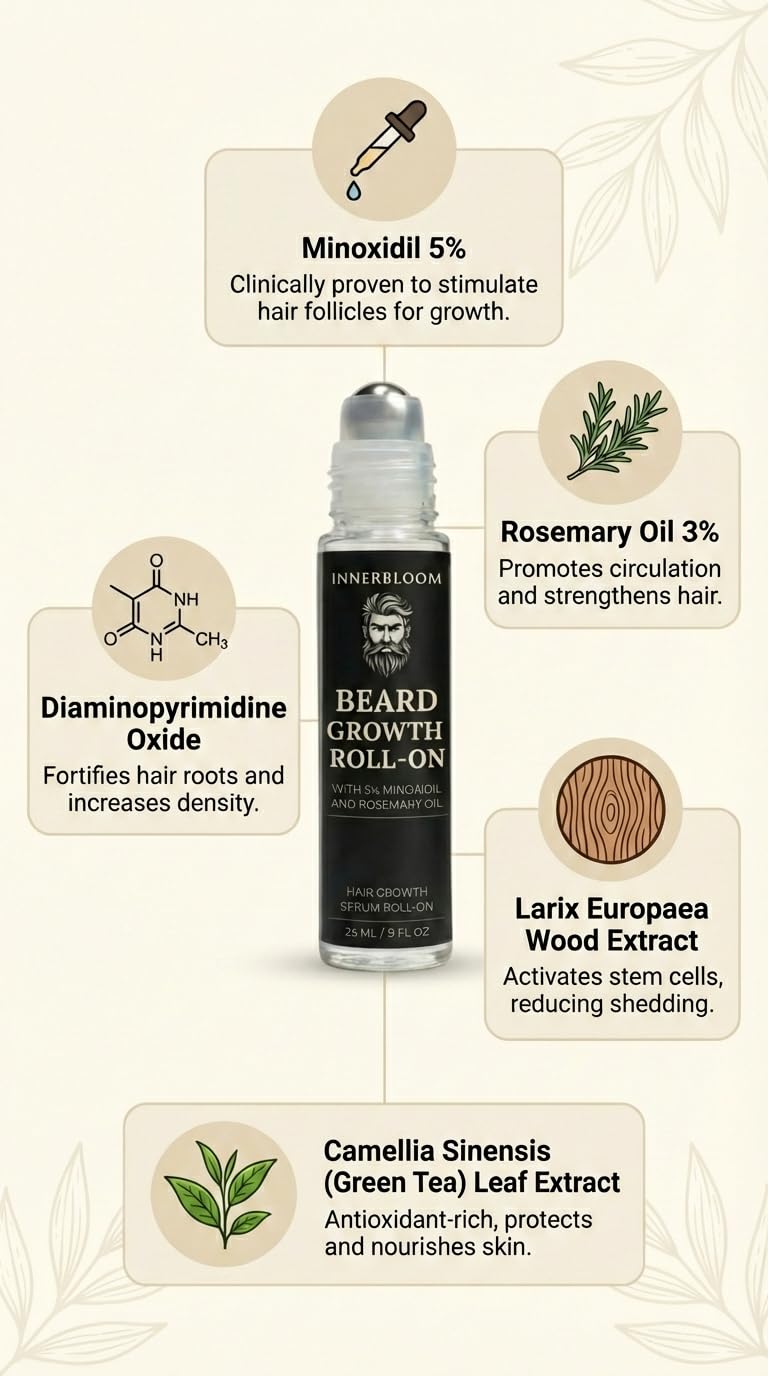Innerbloom Minoxidil 5% Roll-On, aplicación fácil y limpia.