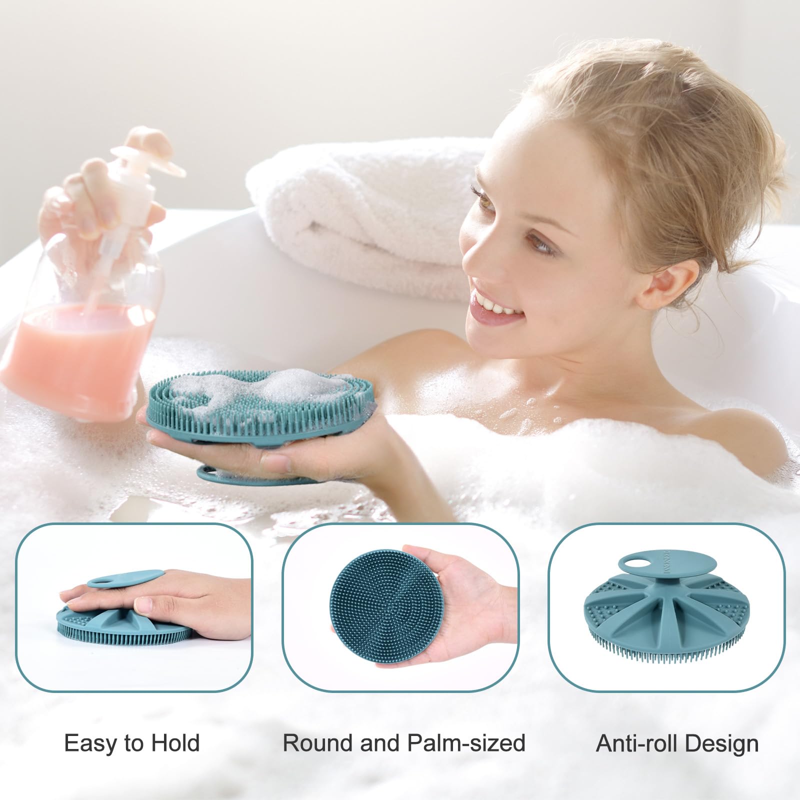 Flexible silicone bristles form rich lather for deep cleaning on INNERNEED scrubber.