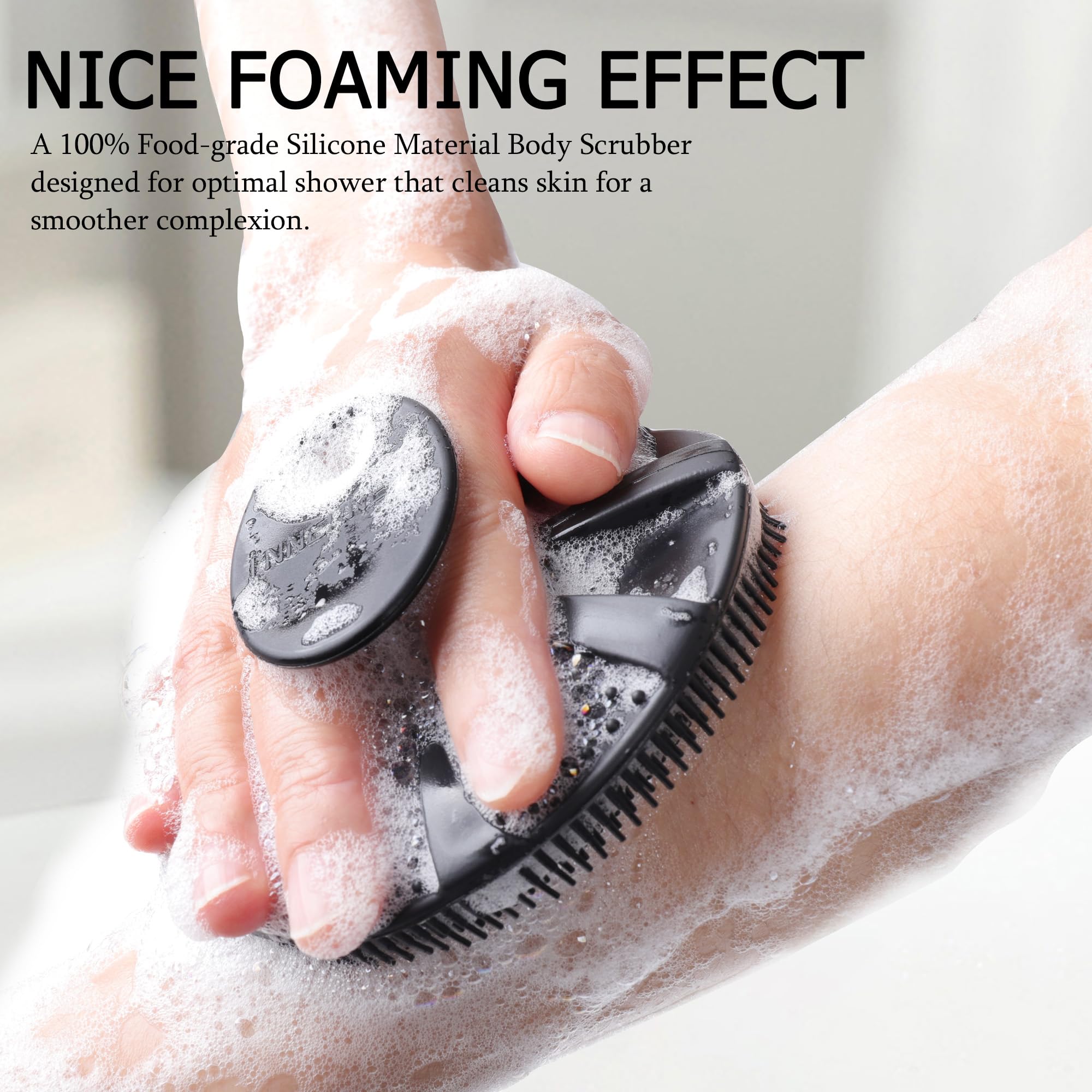 INNERNEED silicone shower brush with ergonomic handle for comfortable scrubbing.