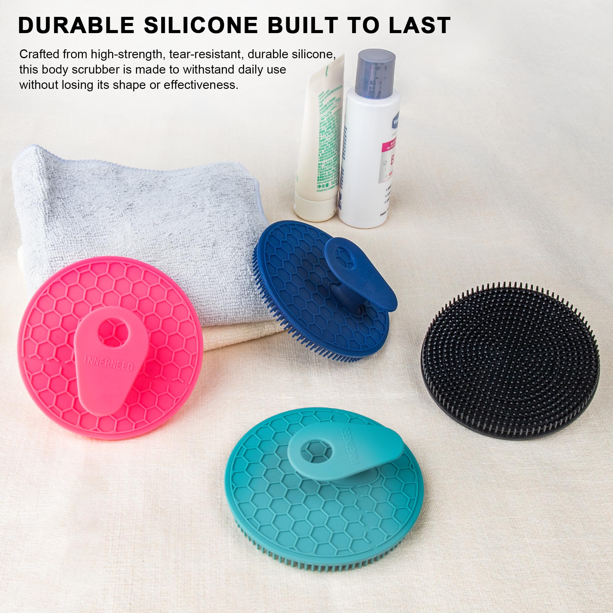 INNERNEED travel-ready silicone scrubber fits gym bag and luggage