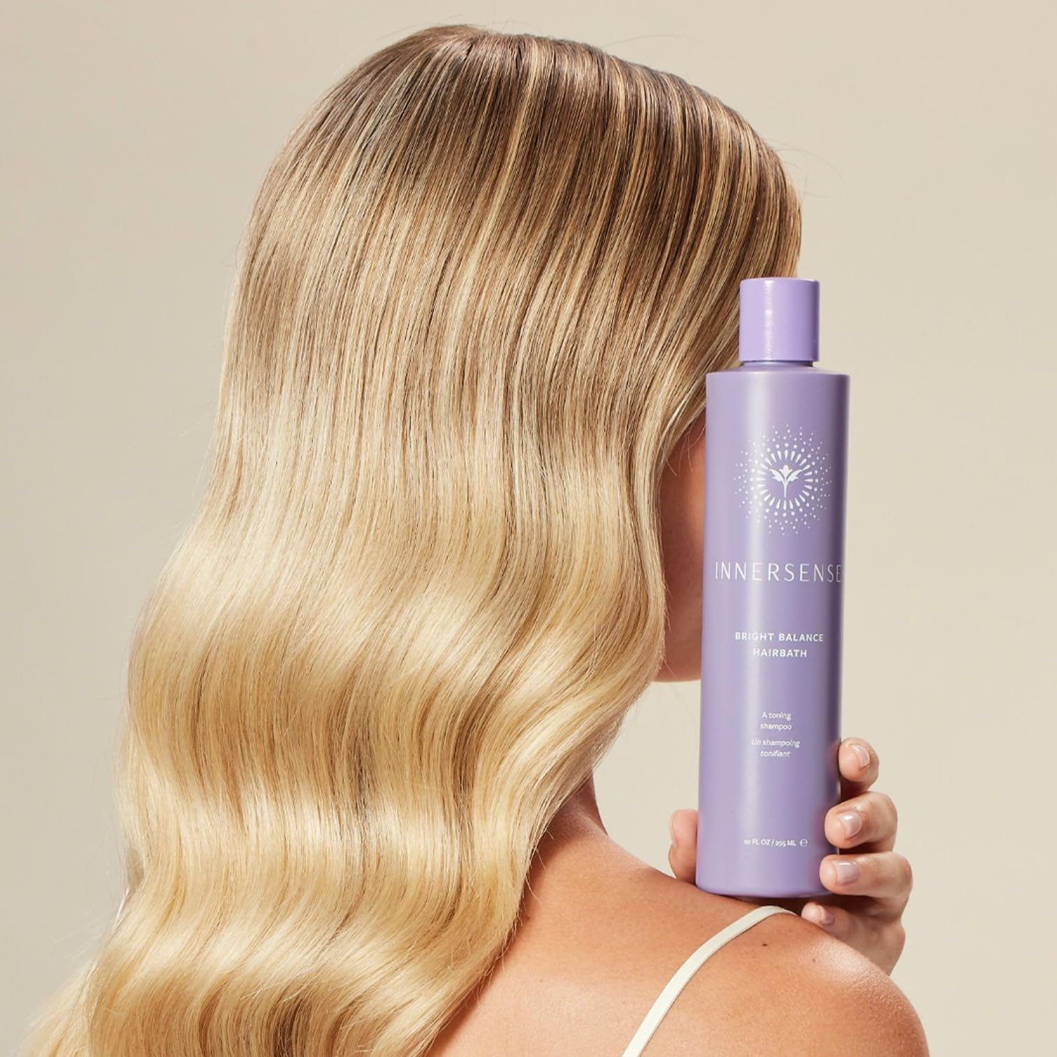 INNERSENSE Bright Balance Purple Toning Hairbath lather demonstrates brass neutralization