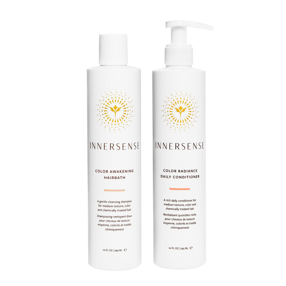 INNERSENSE Color Awakening Hairbath bottle demonstrates color-safe cleansing for treated hair.