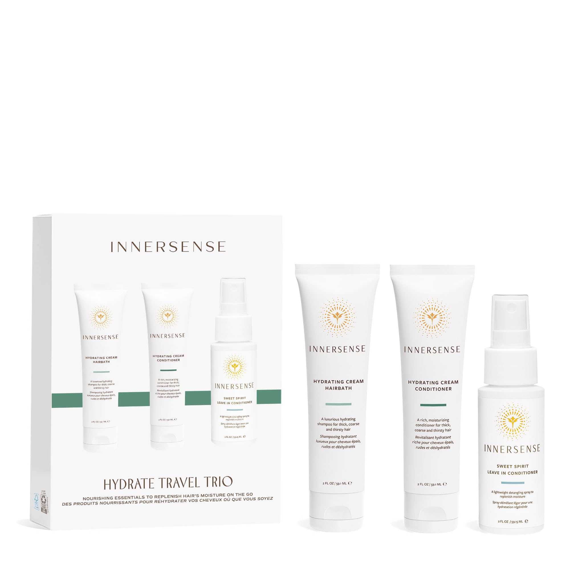 INNERSENSE Hydrating Travel Hair Trio packaging varies for on-the-go moisture