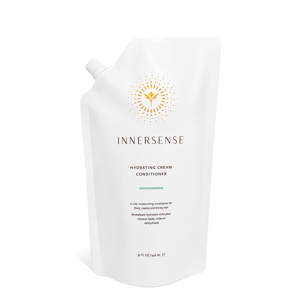 INNERSENSE hydrating cream conditioner bottle in refill pouch for thick hair.
