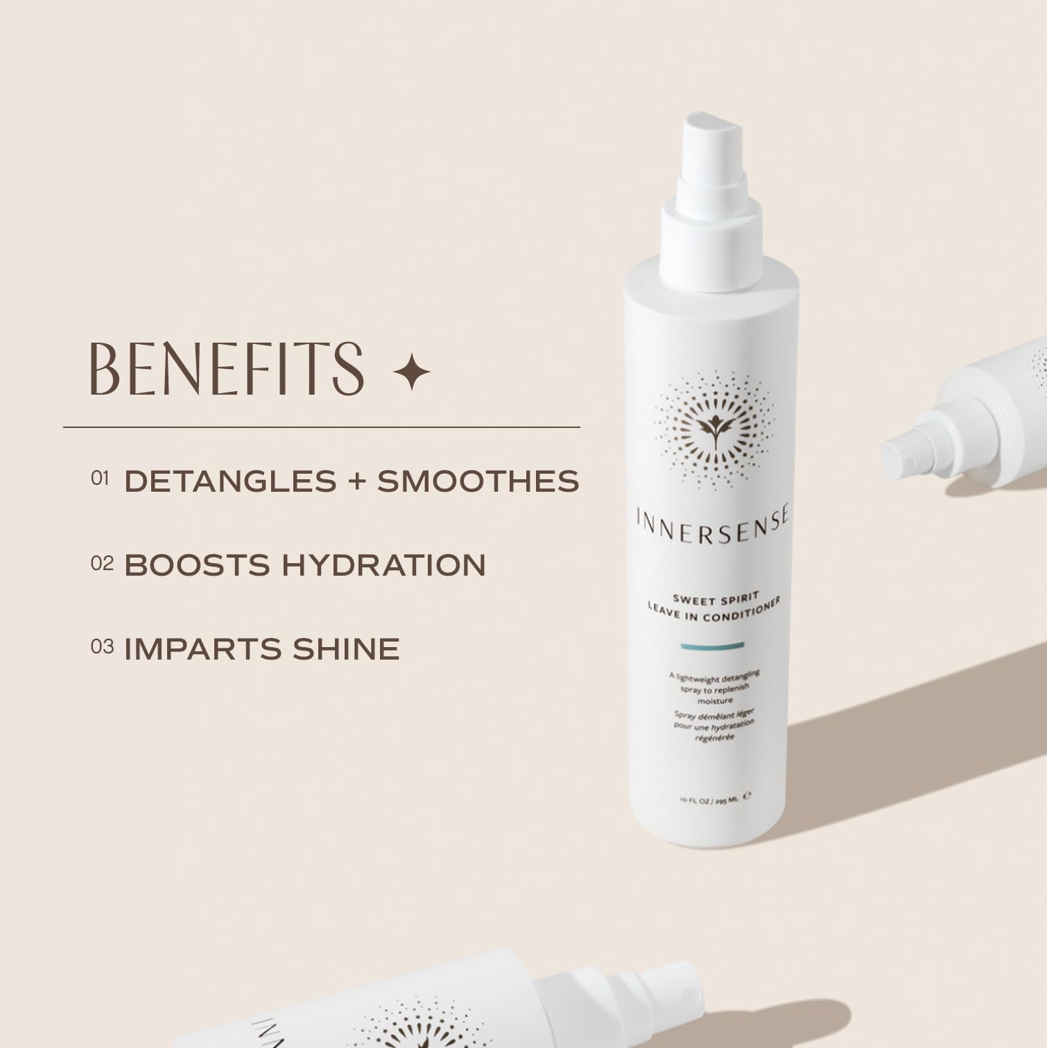 INNERSENSE Sweet Spirit Leave-In Ingredients Closeup highlights aloe, rosemary, honey, and tamanu.