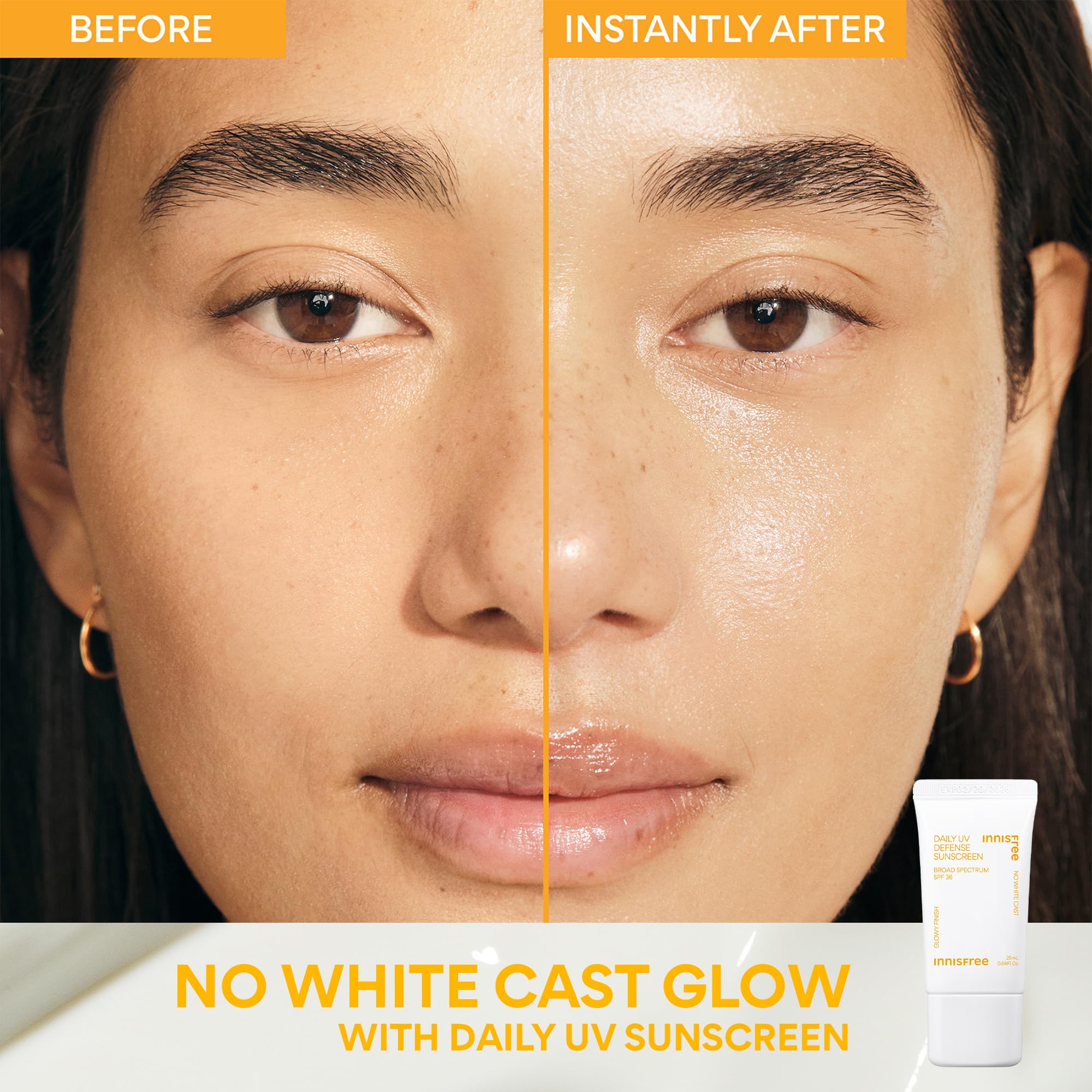 Skincare routine layout with Innisfree serum and sunscreen.