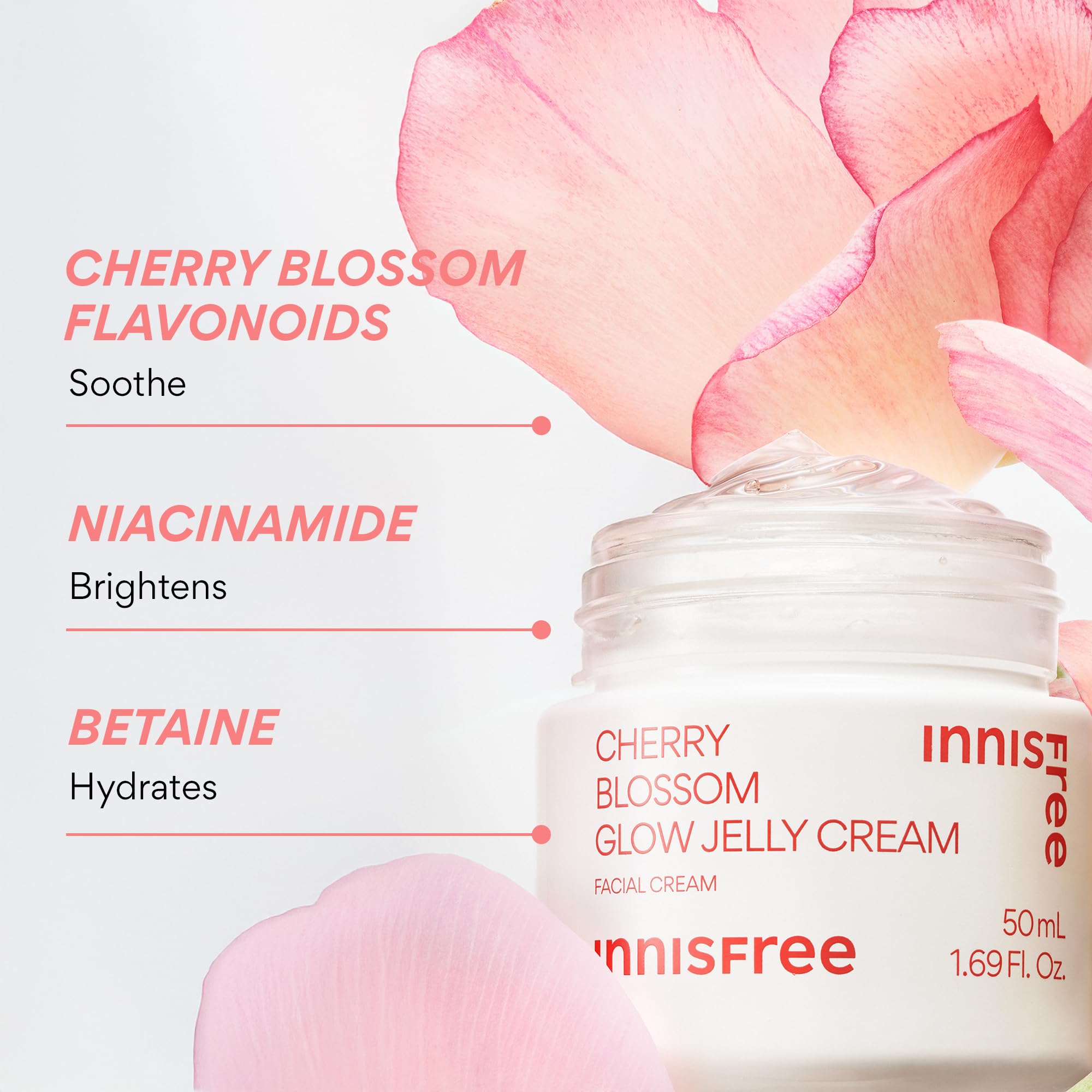 Cherry blossom graphic emphasizes flavonoid-rich formula supporting soothing hydration