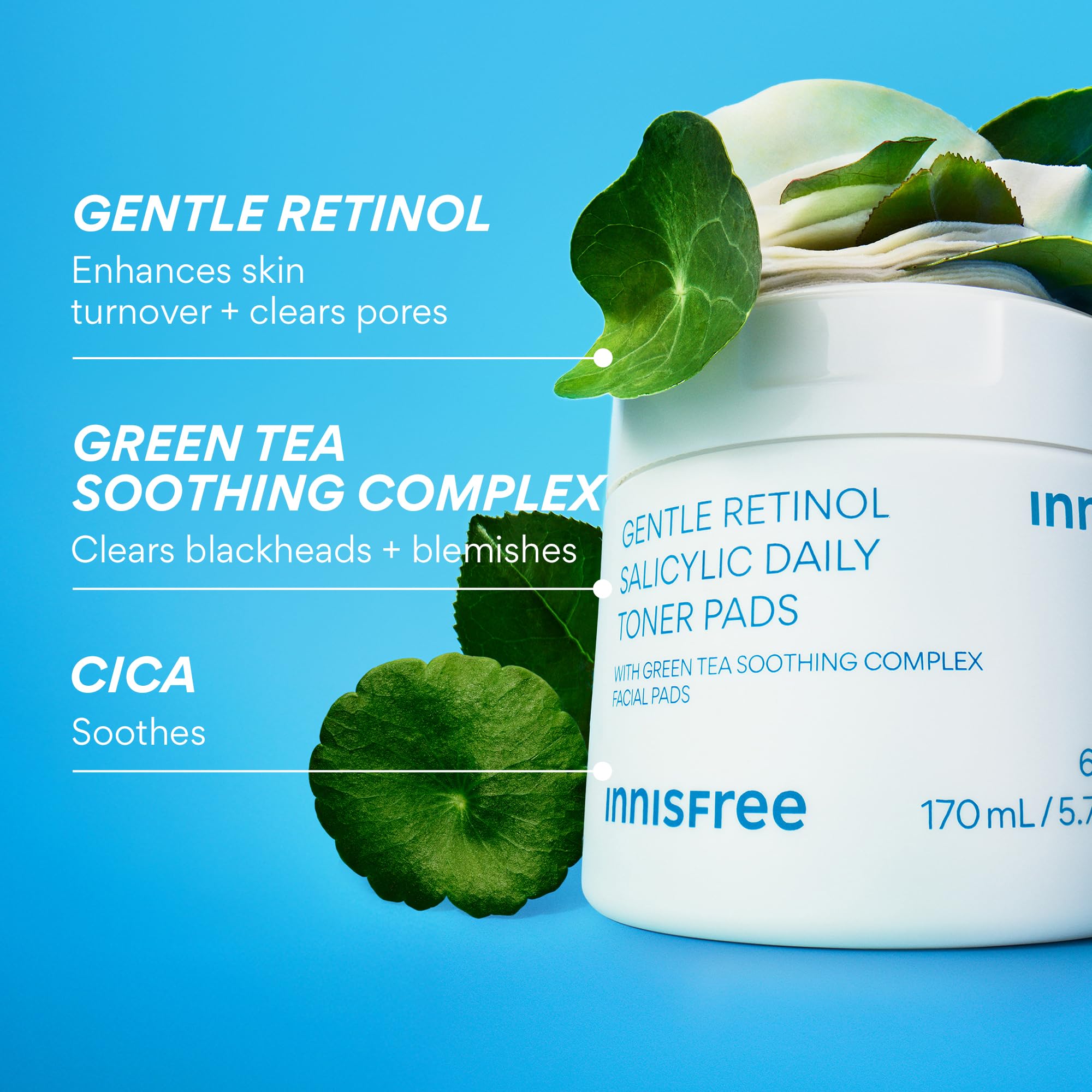 innisfree Daily Gentle Retinol Salicylic Toner Pads Biome and cica support a calm skin barrier.