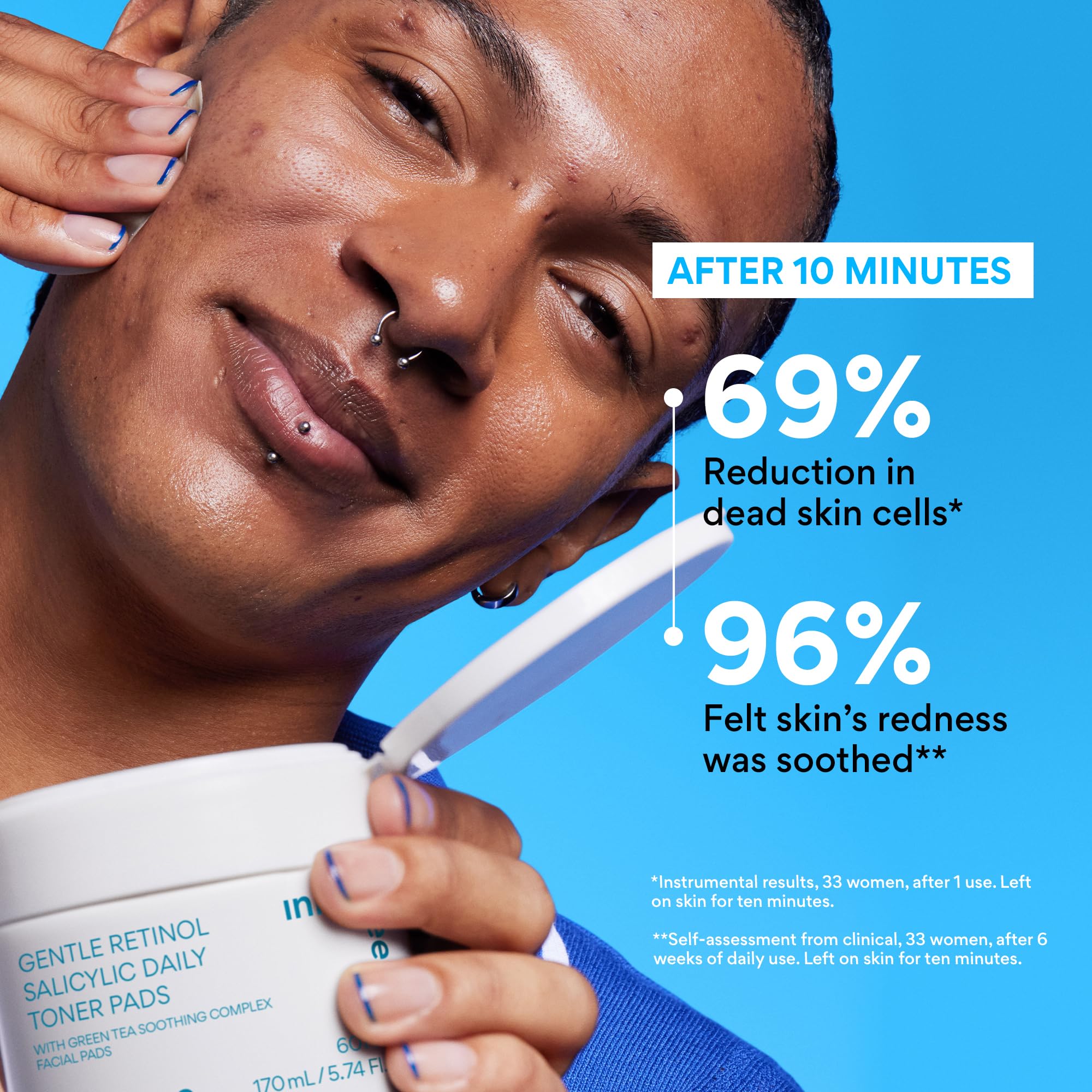 innisfree Daily Gentle Retinol Salicylic Toner Pads on face demonstrate quick exfoliation for a balanced complexion.