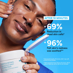 innisfree Daily Gentle Retinol Salicylic Toner Pads on face demonstrate quick exfoliation for a balanced complexion.