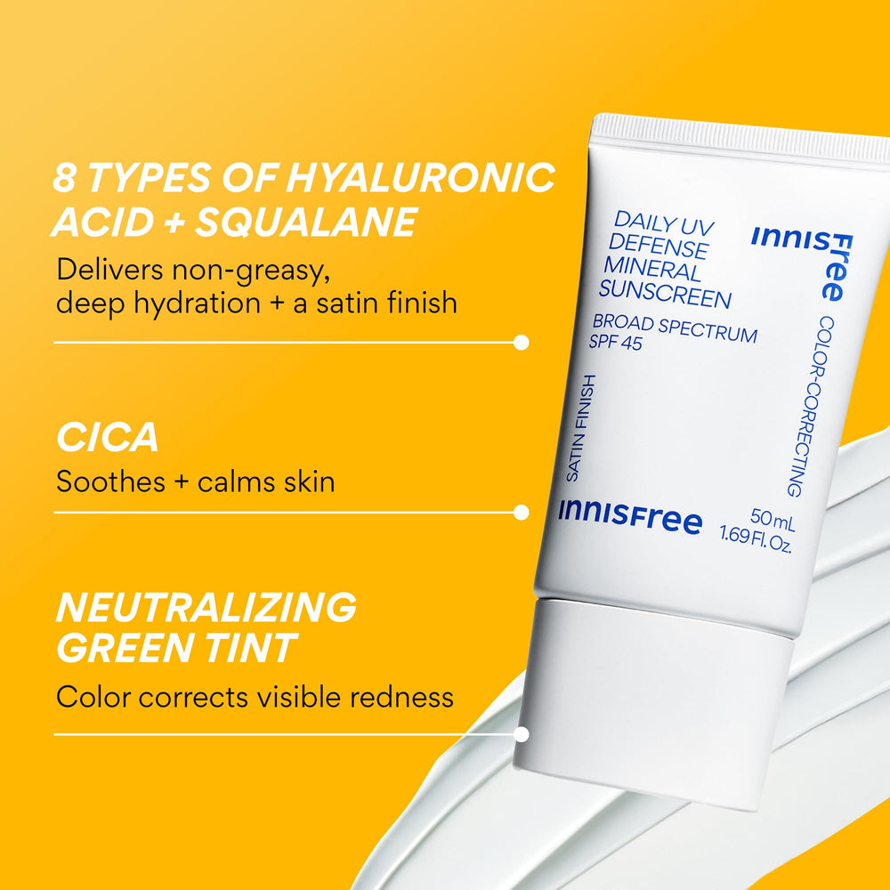 Innisfree Daily Mineral UV Defense Cica soothing label emphasizes gentle care.