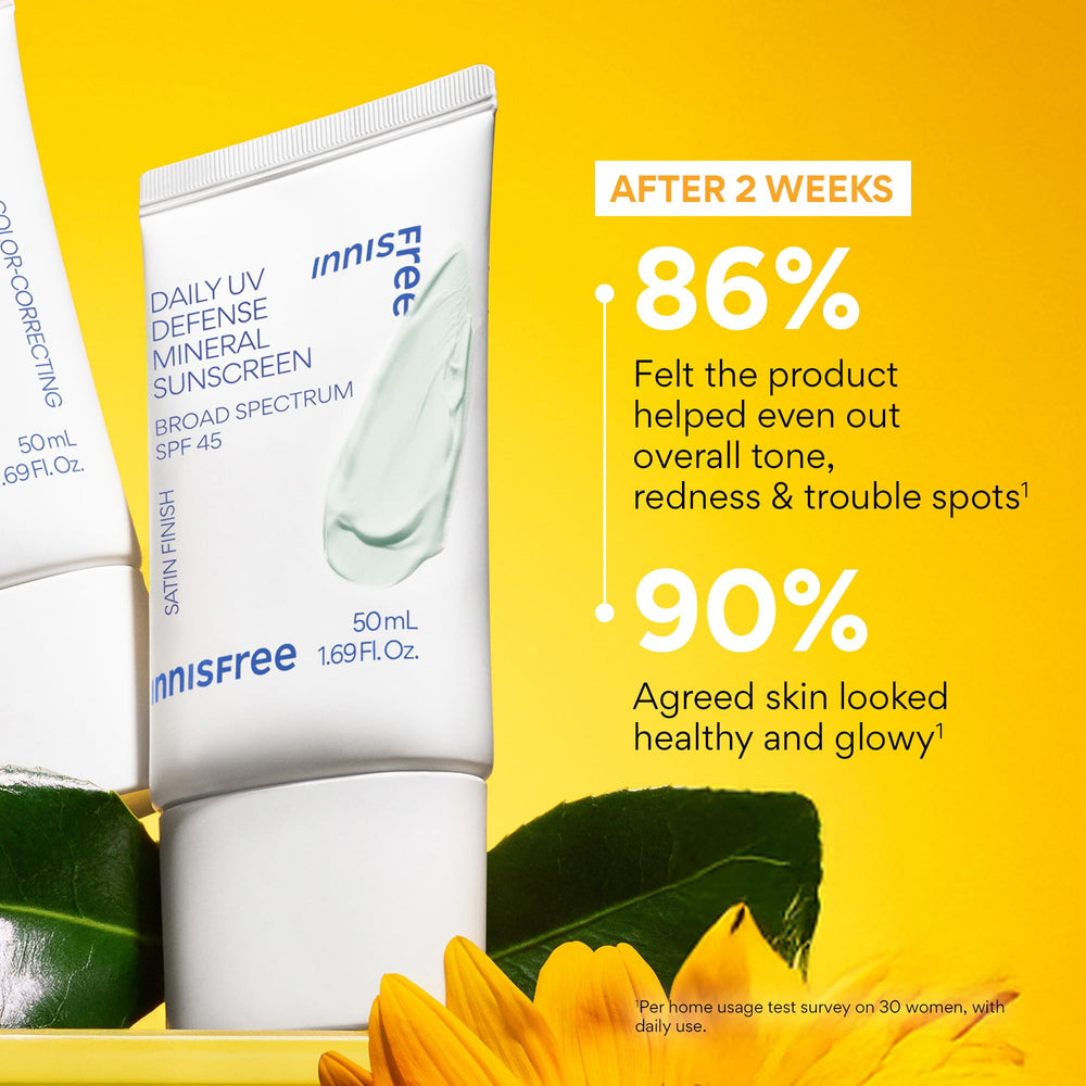 Innisfree Daily Mineral UV Defense green tint spread on skin for natural finish.