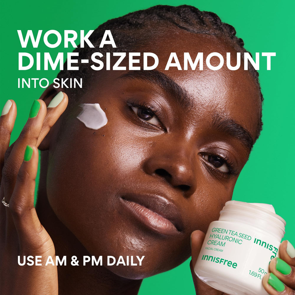 Innisfree daily moisturizer in use on face conveys quick absorption and lasting hydration.