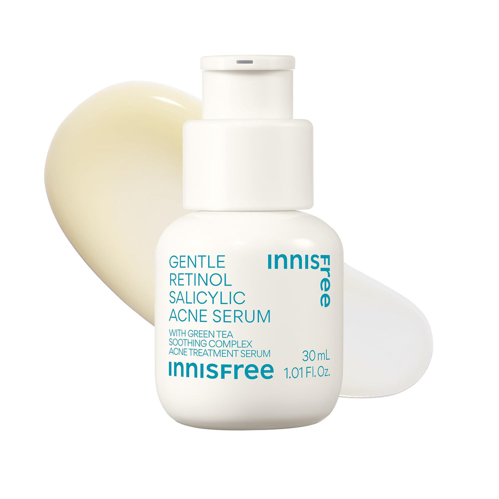 Innisfree Gentle Retinol Salicylic Acne Serum bottle close-up highlighting soothing, acne-targeting formula.