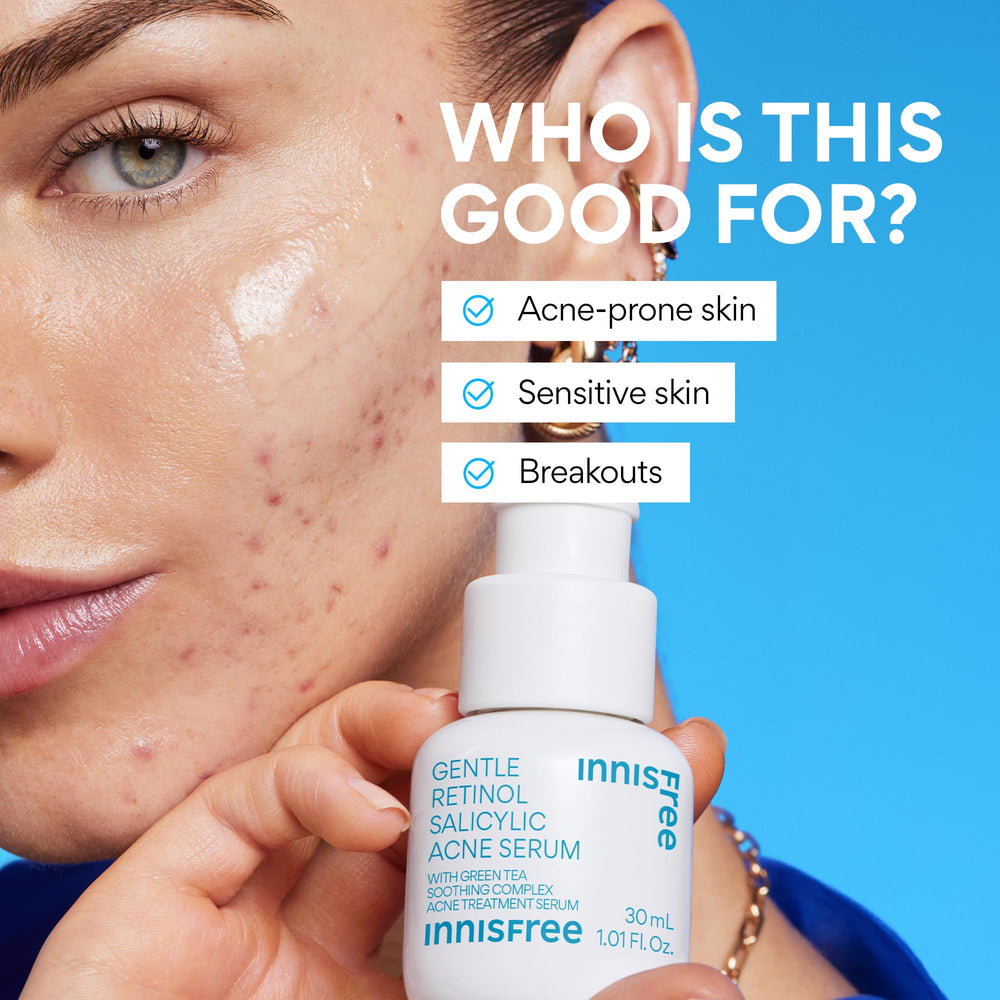 Innisfree night routine scene featuring serum for ongoing blemish control.
