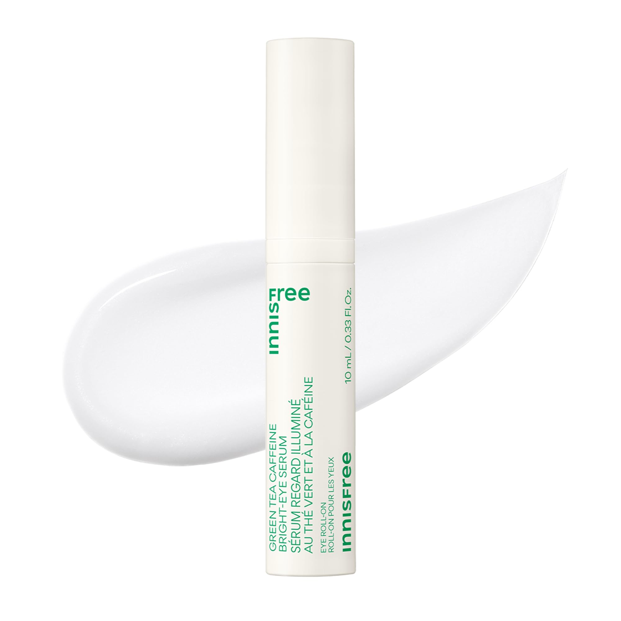 Innisfree Green Tea Caffeine Depuffing Eye Serum bottle close-up showing cooling roller.
