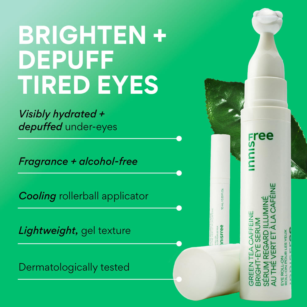 Innisfree eye serum roll-on in action for gentle refreshing under-eye massage.