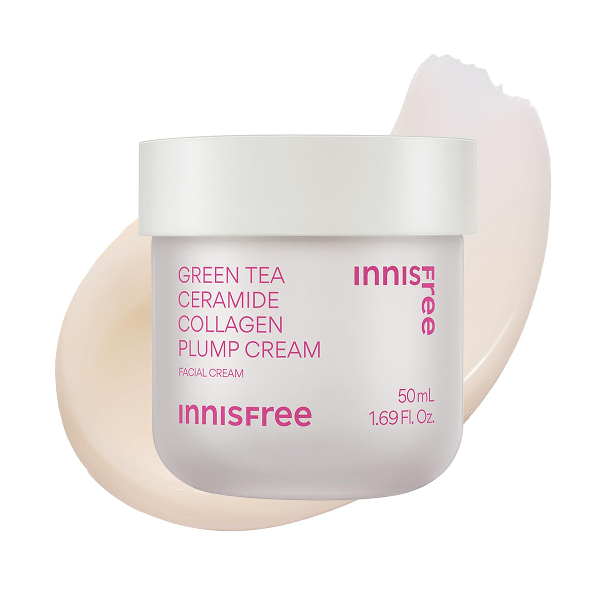 innisfree Green Tea Ceramide Collagen Plump Cream bottle front showing product packaging and branding for hydration support