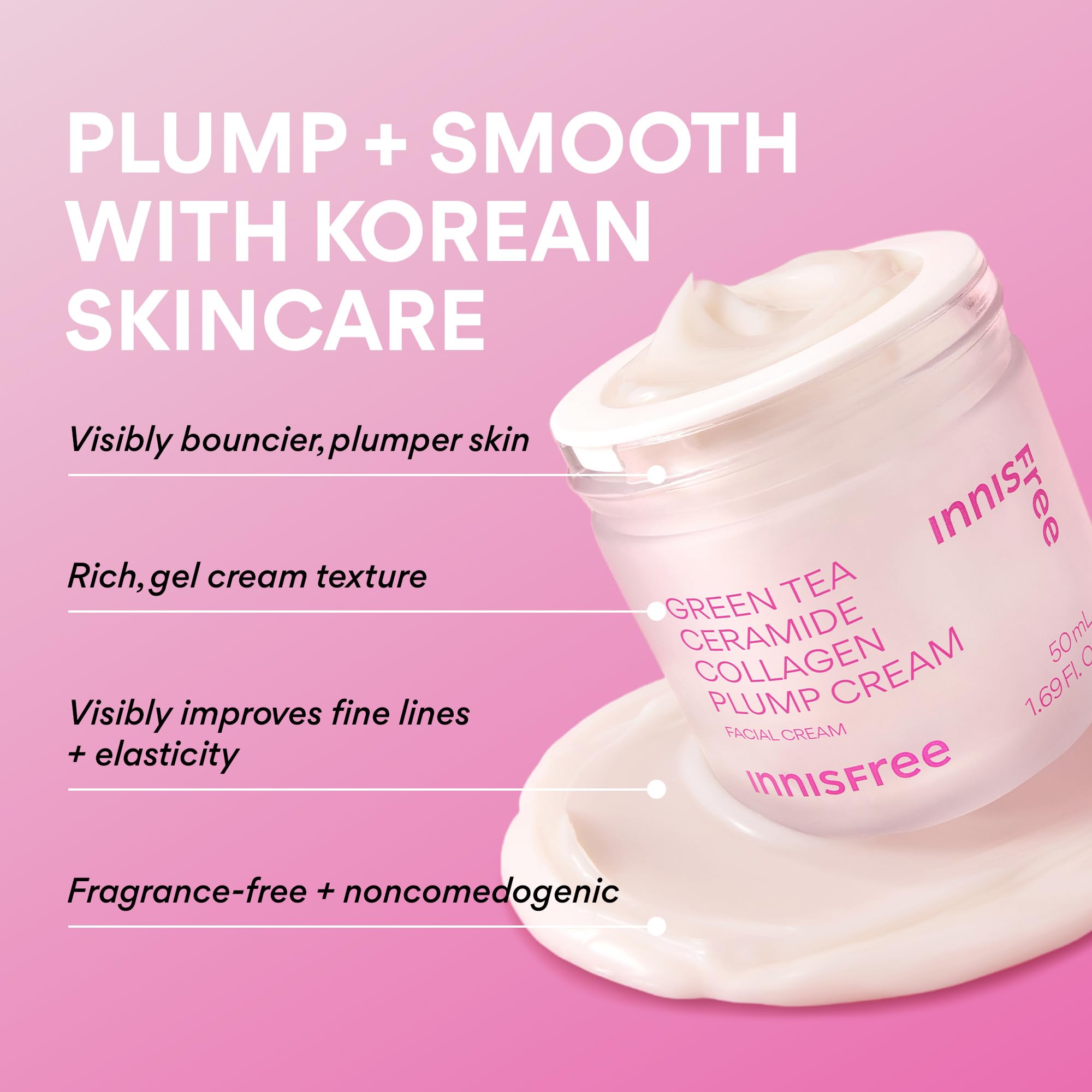 innisfree Green Tea Ceramide Collagen Plump Cream close-up texture indicating rich cream consistency